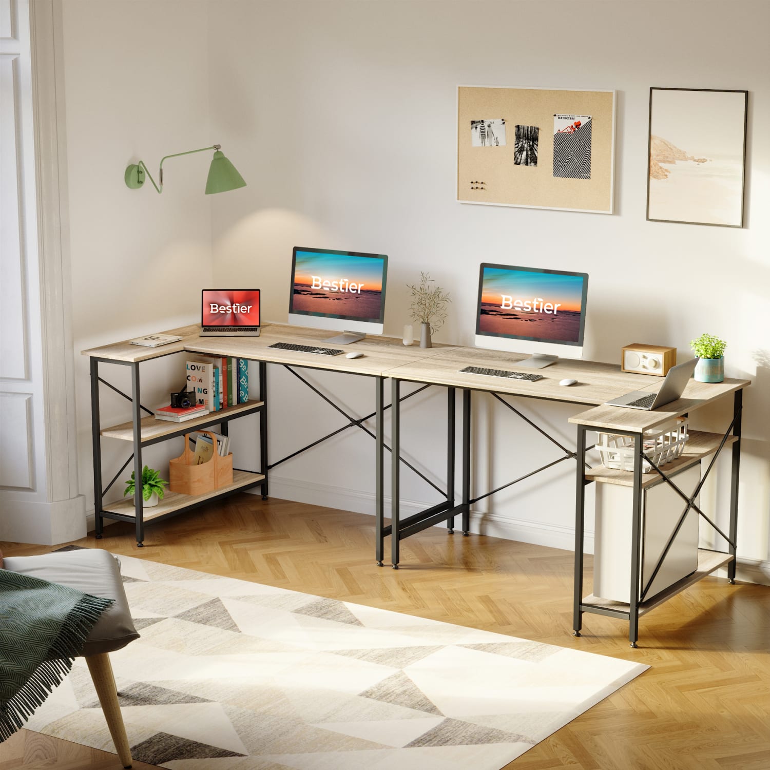 Bestier L-Shaped Corner Desk With Storage Shelf, 48inW, Light Oak - Image 3