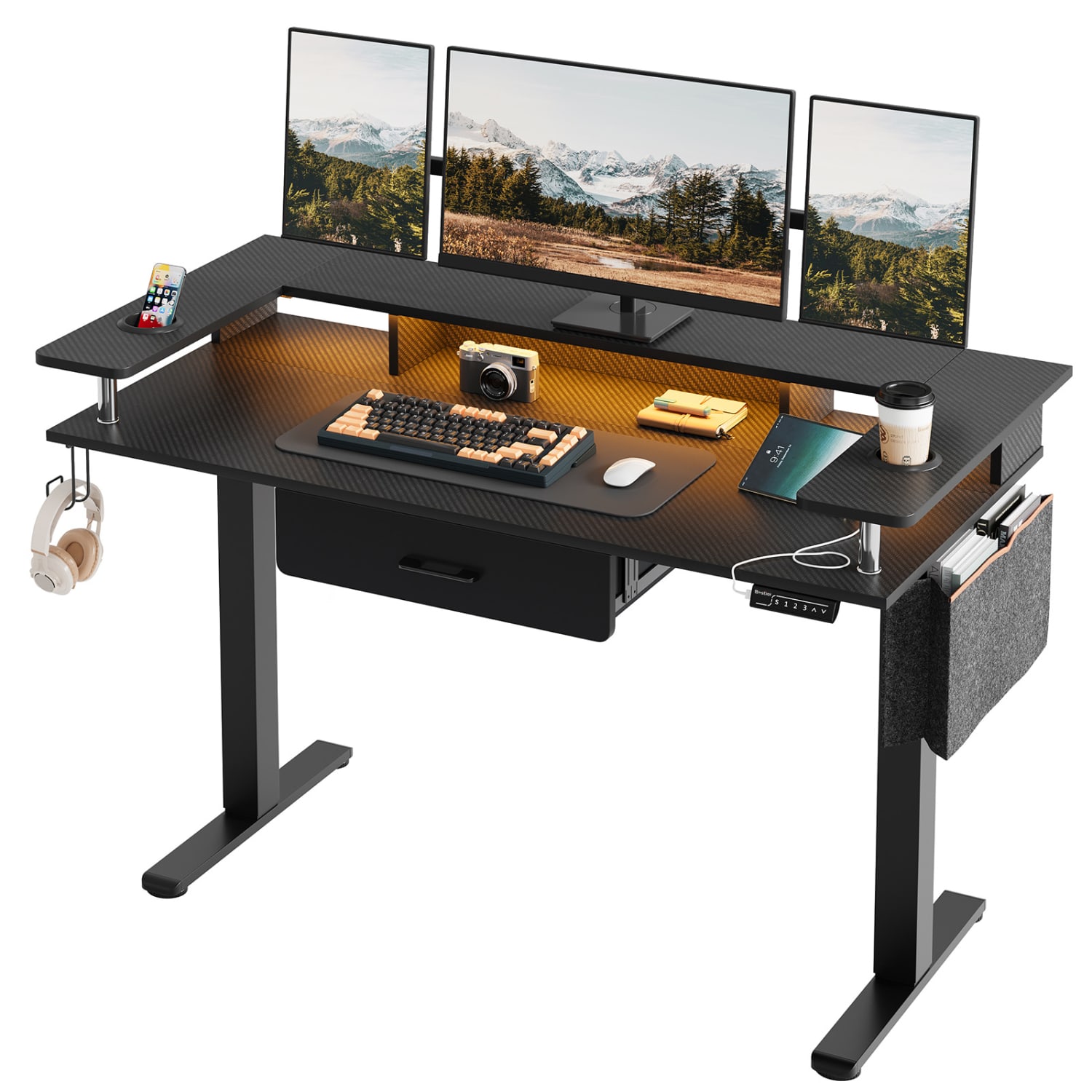 Bestier 58inW Electric Adjustable Height Standing Desk With Monitor Riser, Carbon Fiber Black - Image 3