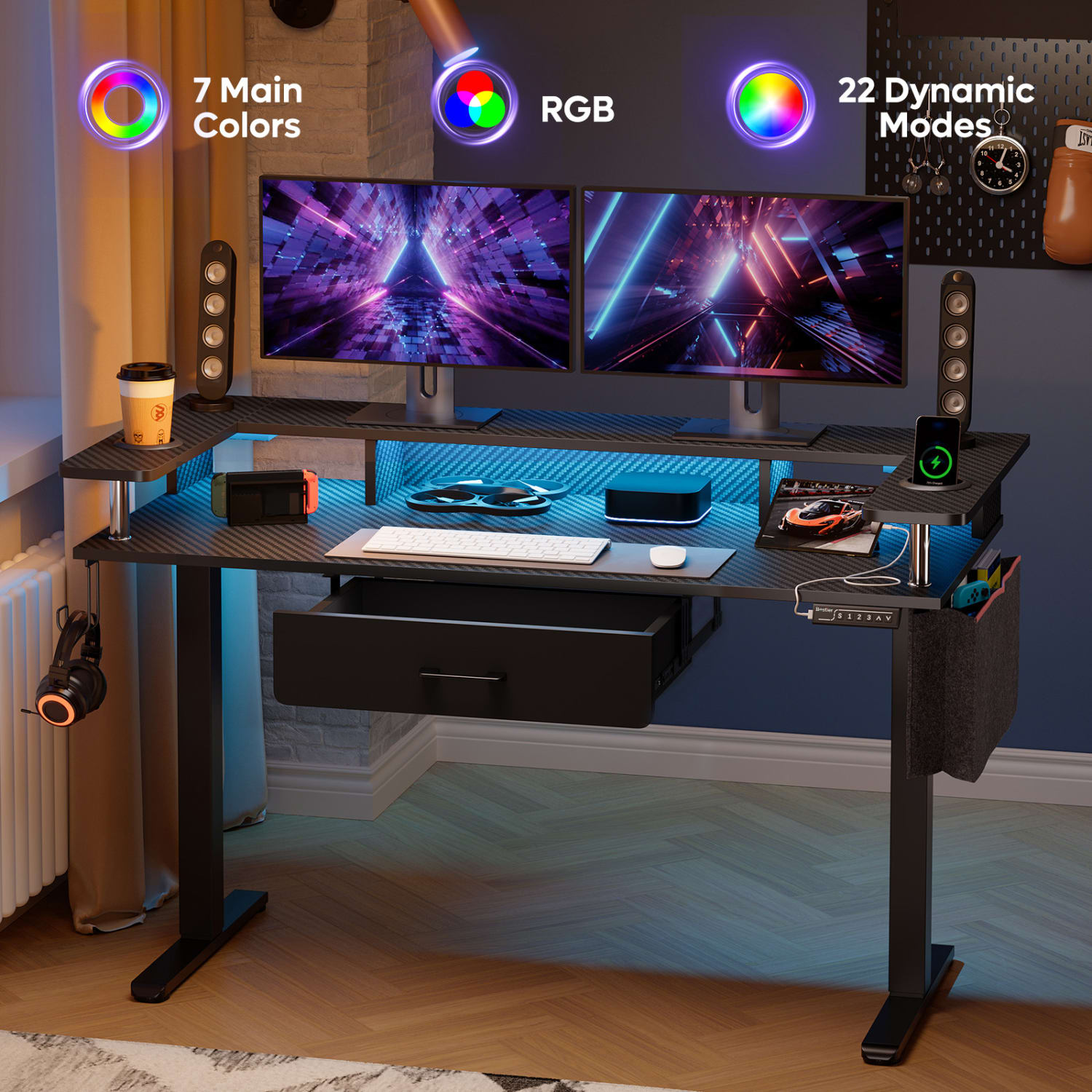 Bestier 58inW Electric Adjustable Height Standing Desk With Monitor Riser, Carbon Fiber Black - Image 4