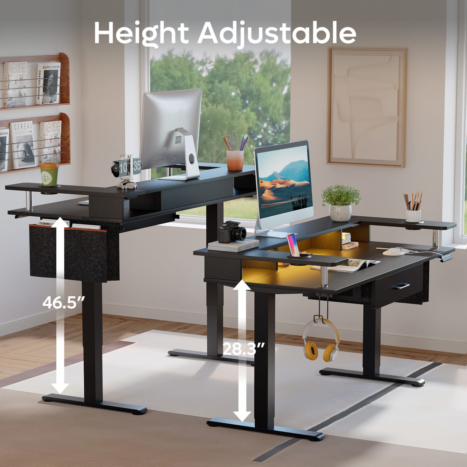 Bestier 58inW Electric Adjustable Height Standing Desk With Monitor Riser, Carbon Fiber Black - Image 5