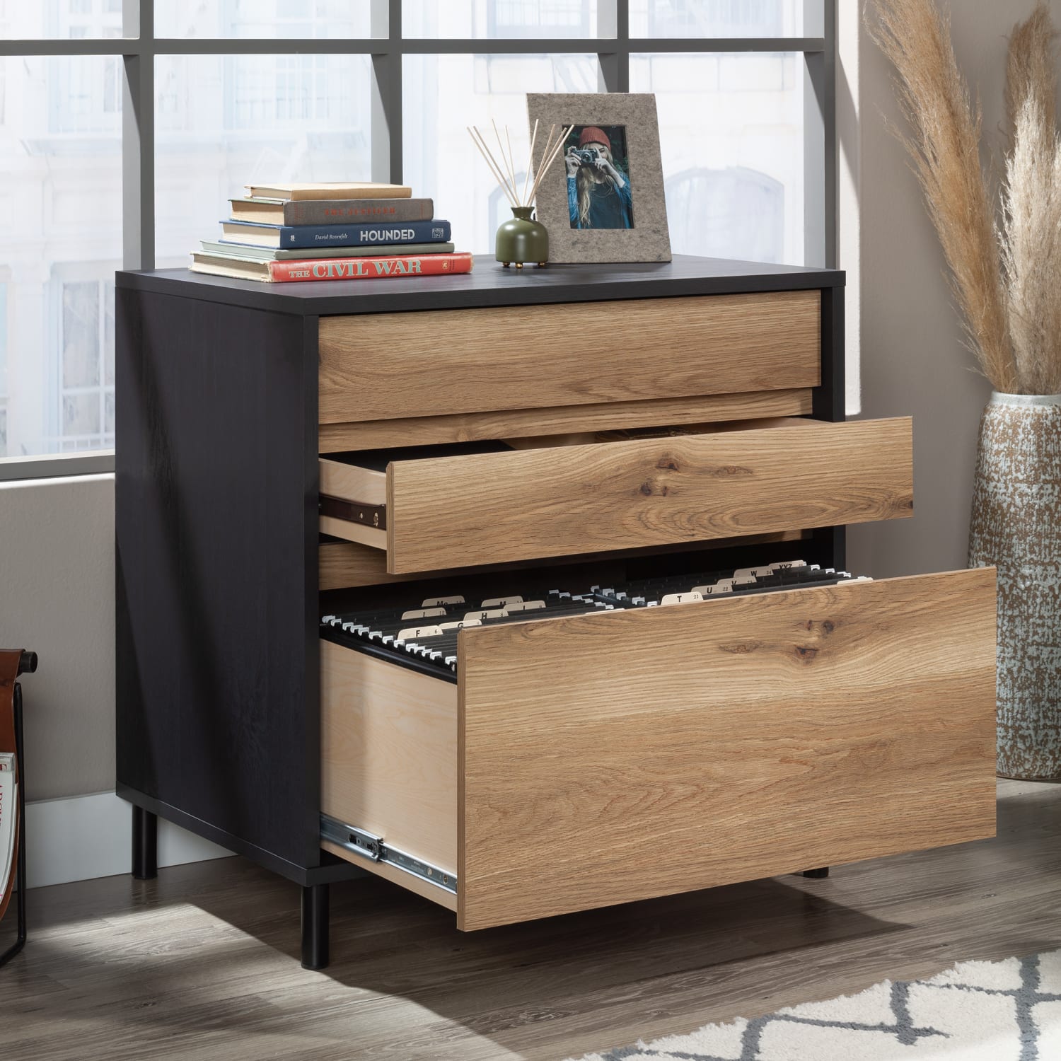 Sauder Acadia Way 30-1/3inW x 19-1/2inD Lateral 3-Drawer File Cabinet, Raven Oak/Timber Oak - Image 4