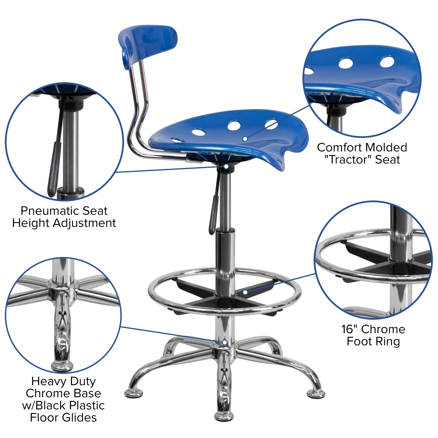 Flash Furniture Vibrant Chrome Drafting Stool with Tractor Seat, Bright Blue/Chrome - Image 6