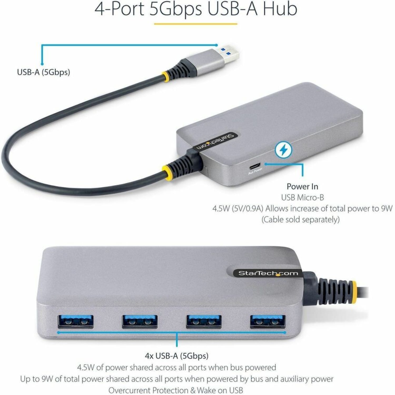 StarTech.com 4-Port USB Hub, USB 3.0 5Gbps, Bus Powered, USB-A to 4xA w/ Optional Auxiliary Power, Portable Laptop USB Hub, 1ft/30cm Cable - Image 3