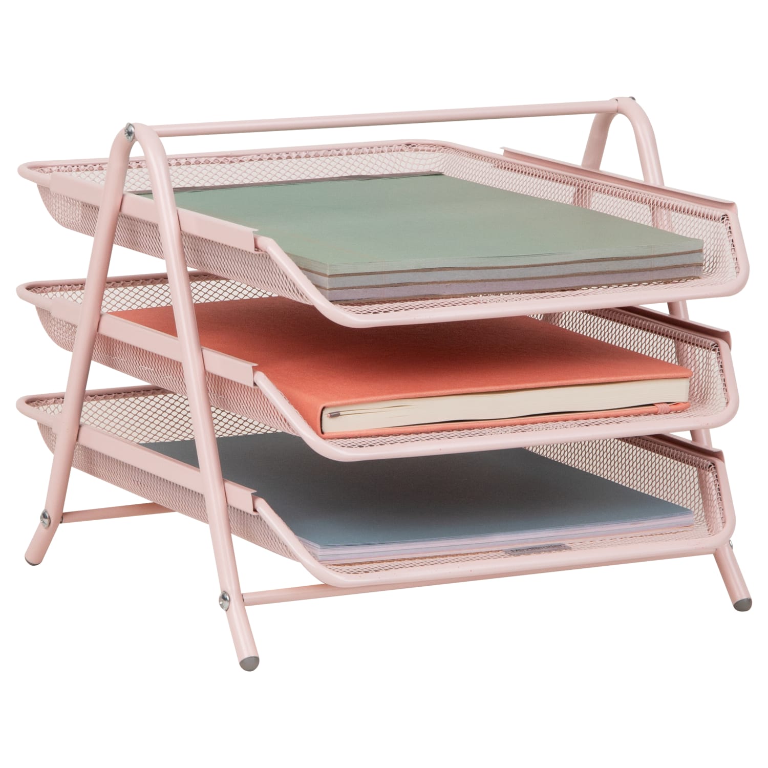 Mind Reader 3-Tier Paper Tray Desktop Organizer File Storage, 10inH x 13-3/4inW x 11-3/4inD, Pink