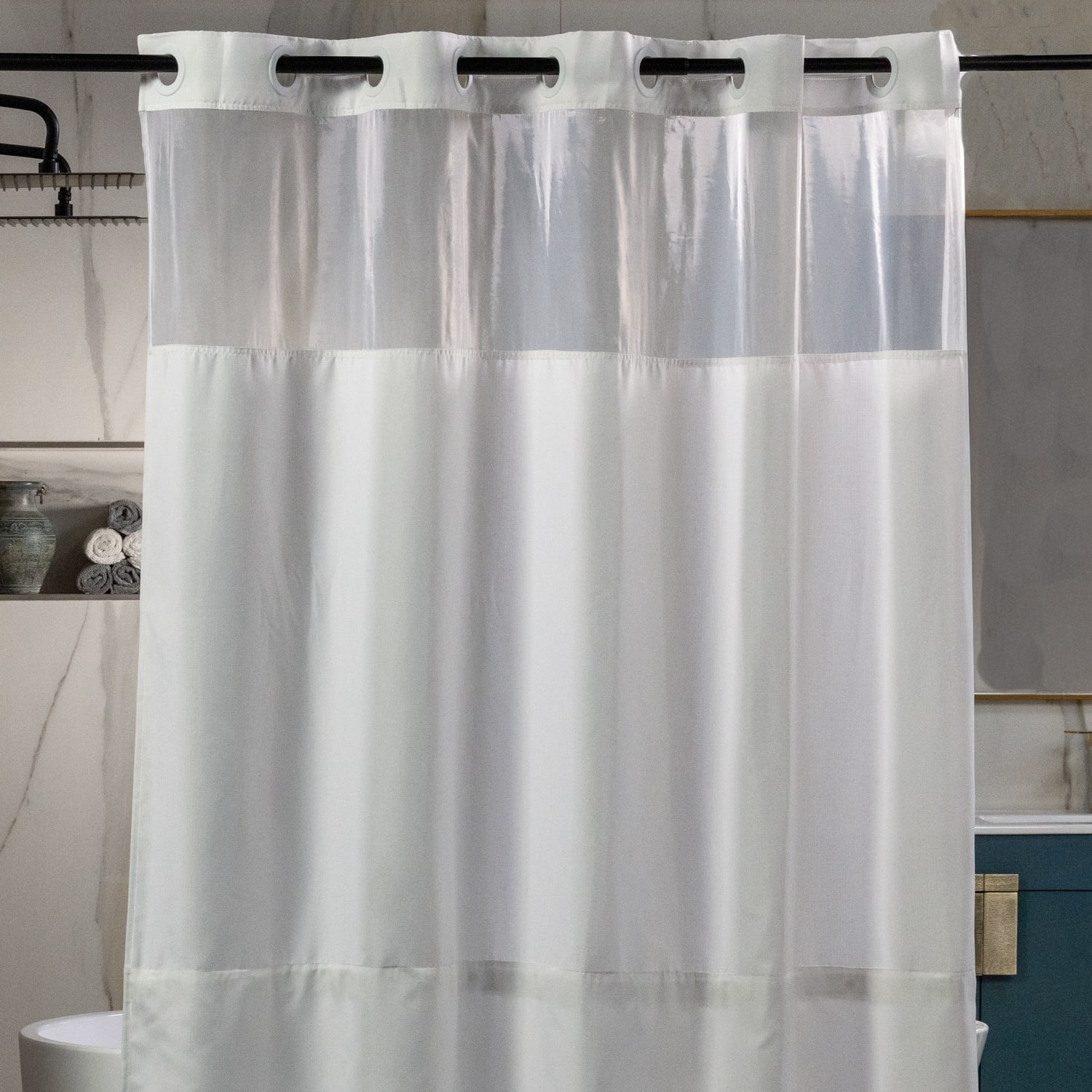 23 Threads Shower Curtain, Textured GRS Polyester, Hook-Free, With Window & Short Liner, White, 71in x 74in, Case of 12 - Image 3