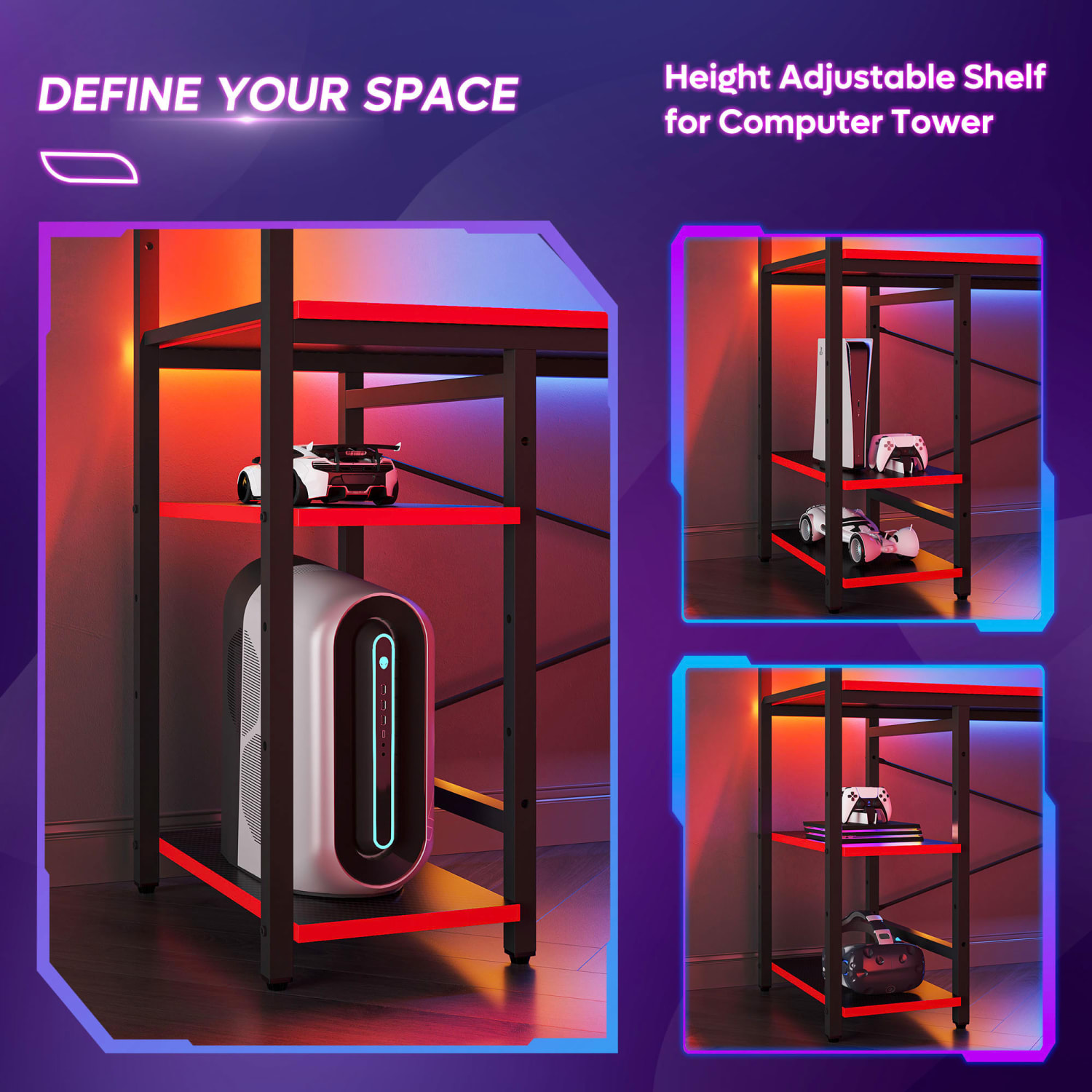Bestier RGB Gaming Desk With Storage Shelf & Side Pocket, 62inW, Black 3D Carbon Fiber - Image 4