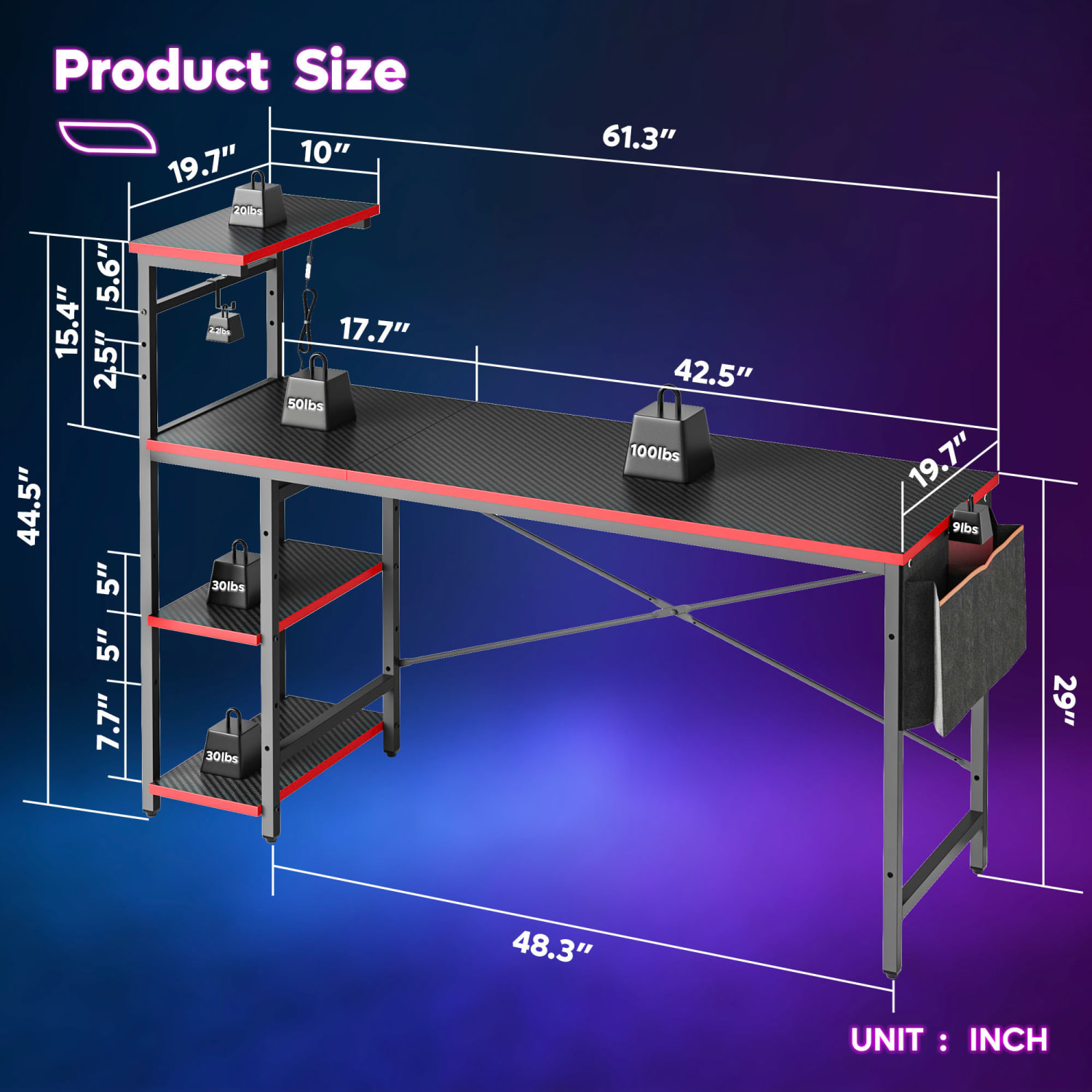 Bestier RGB Gaming Desk With Storage Shelf & Side Pocket, 62inW, Black 3D Carbon Fiber - Image 5