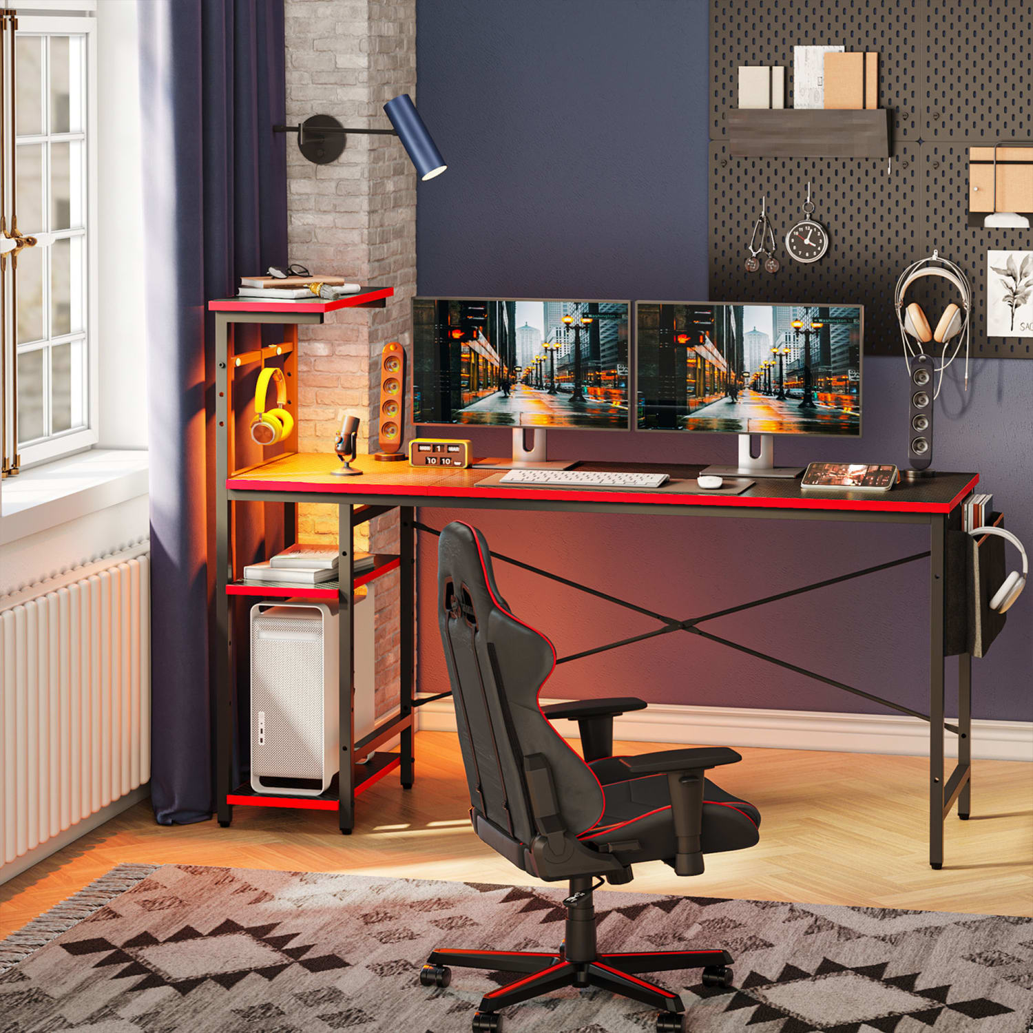 Bestier RGB Gaming Desk With Storage Shelf & Side Pocket, 62inW, Black 3D Carbon Fiber - Image 6