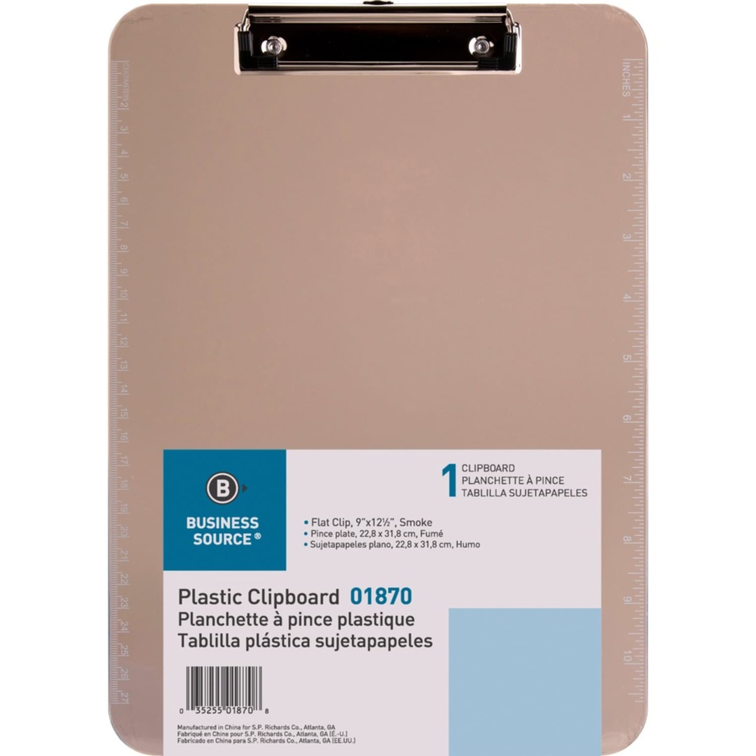 Business Source Flat Clip Plastic Clipboard - 9in x 12in - Plastic - Smoke - 6 / Bundle - Image 3