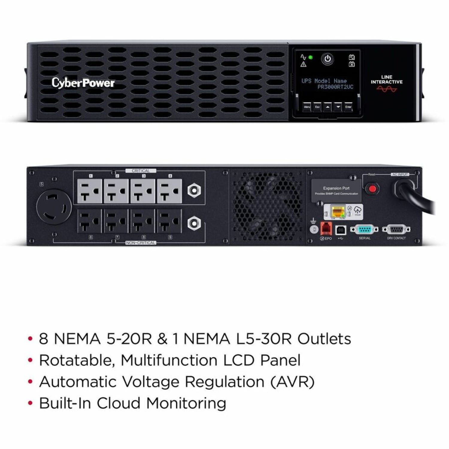 CyberPower PR3000RT2UC Smart App Sinewave UPS Systems - 3000VA/3000W, 120 VAC, NEMA L5-30P, 2U, Rack/Tower, Sine Wave, 9 Outlets, LCD- PR3000RT2UC - Image 6