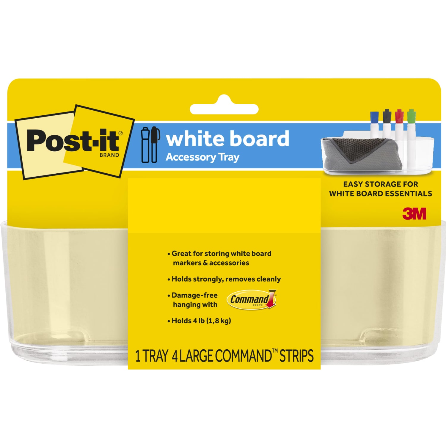 Post-it Dry Erase Accessory Tray, 8-5/8in x 3-1/8in x 2-15/16in, 1 Accessory Tray, 4 Adhesive Strips, Clear