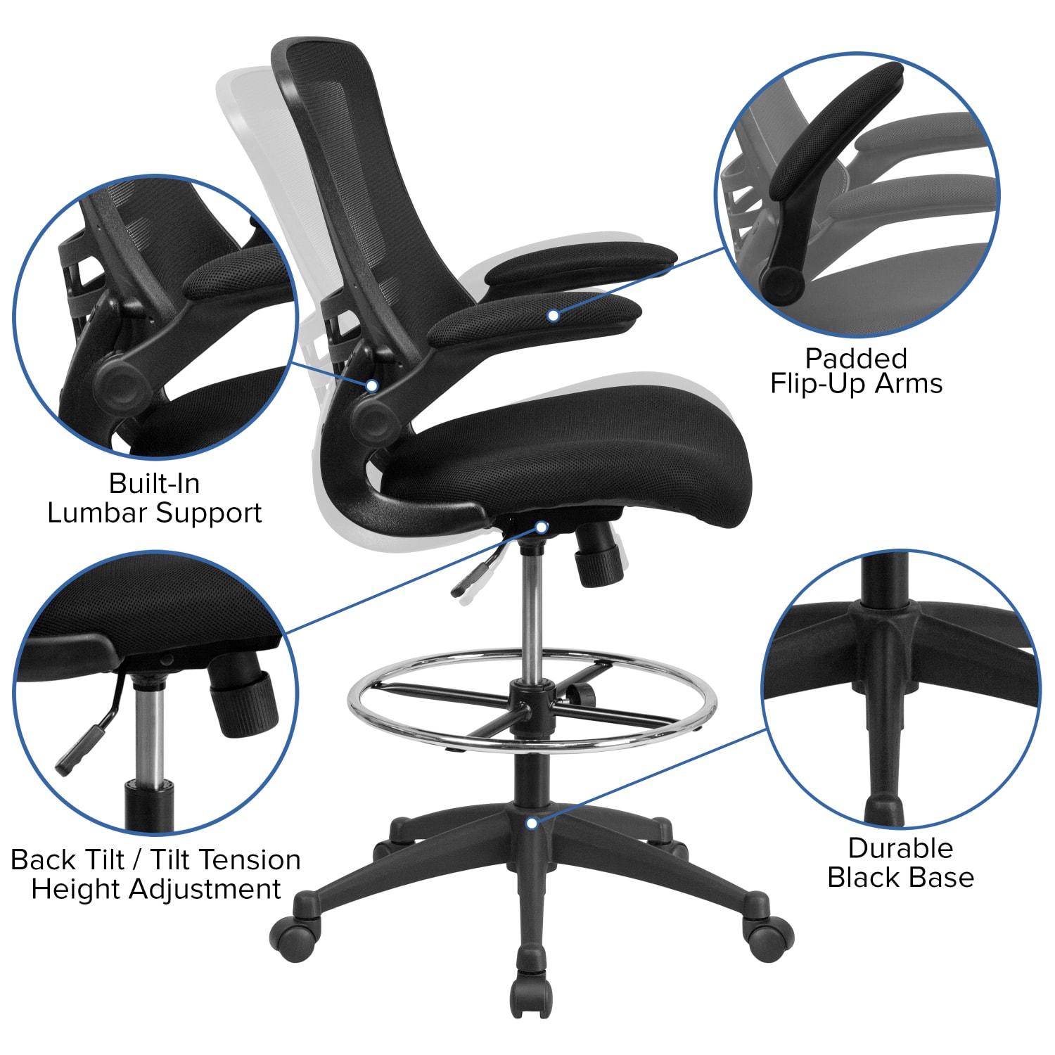 Flash Furniture MidBack Mesh Ergonomic Drafting Chair with Adjustable Foot Ring and FlipUp Arms Black PopularChairscom Flash Furniture Mid Back Mesh Ergonomic Drafting Chair with Adjustable Foot Ring and Flip Up Arms Black PopularChairscom
