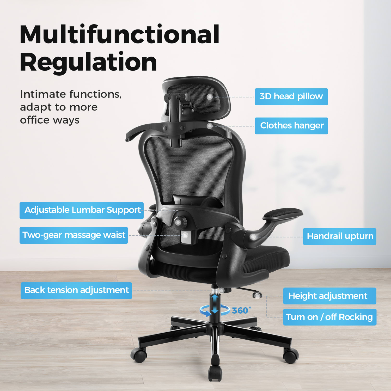 ALPHA HOME Adjustable Ergonomic Mesh High-Back Task Chair, Black - Image 8