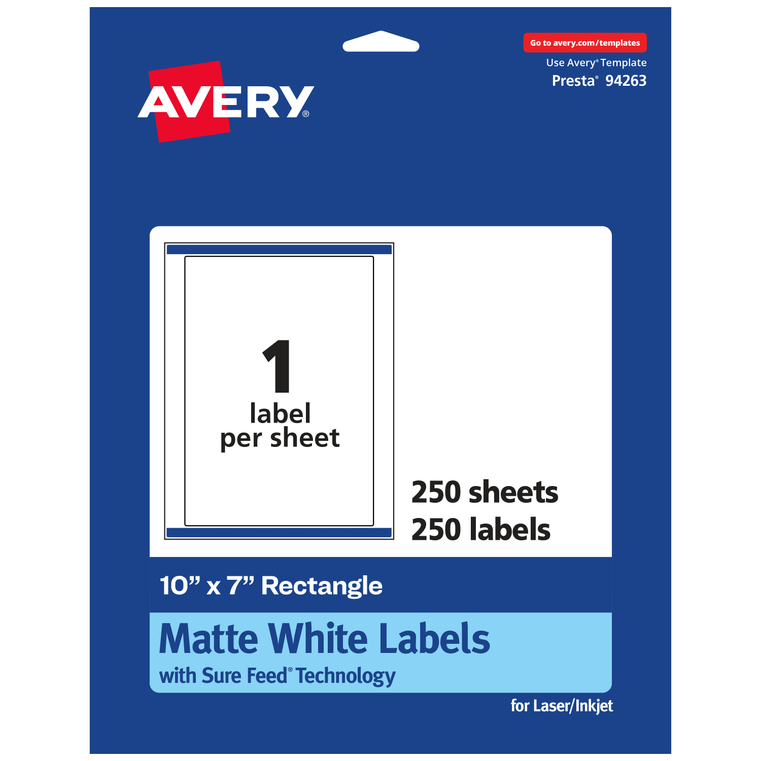 Avery Permanent Labels With Sure Feed, 94263-WMP250, Rectangle, 10in x 7in, White, Pack Of 250