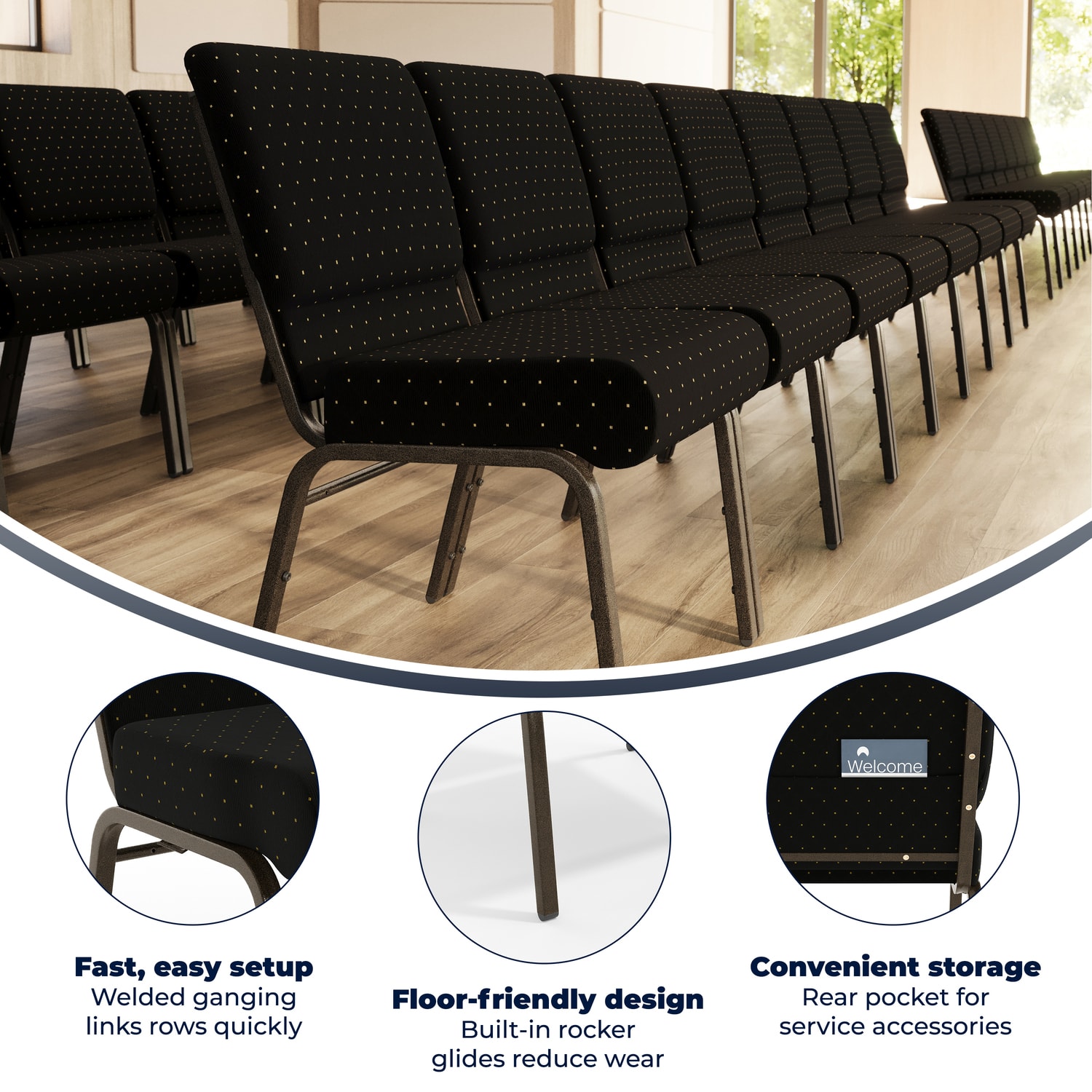 Flash Furniture HERCULES Series Stacking Church Chair, Black Dot/Gold Vein - Image 4