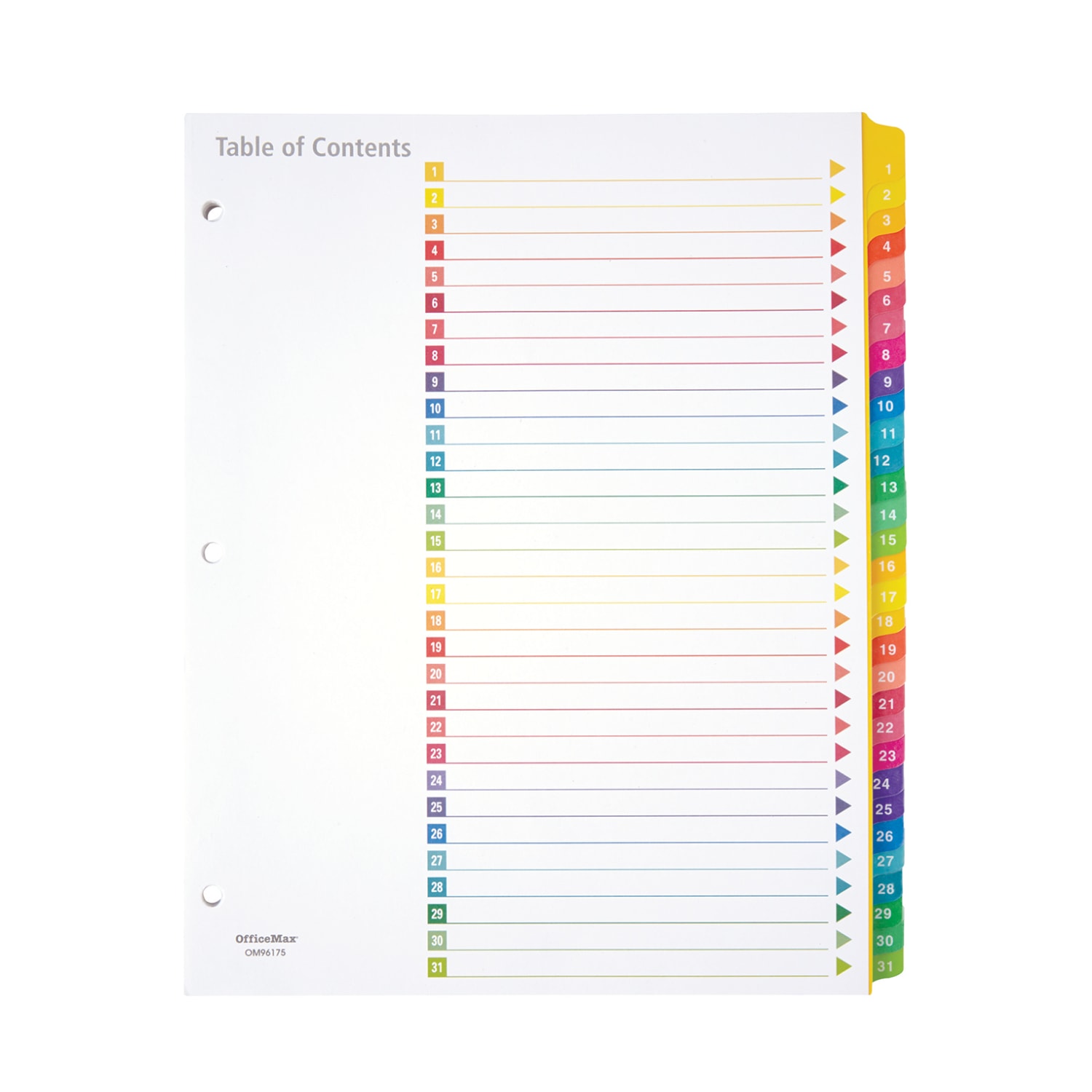 Office Depot Brand Table Of Contents Customizable Index With Preprinted Tabs, Multicolor, Numbered 1-31