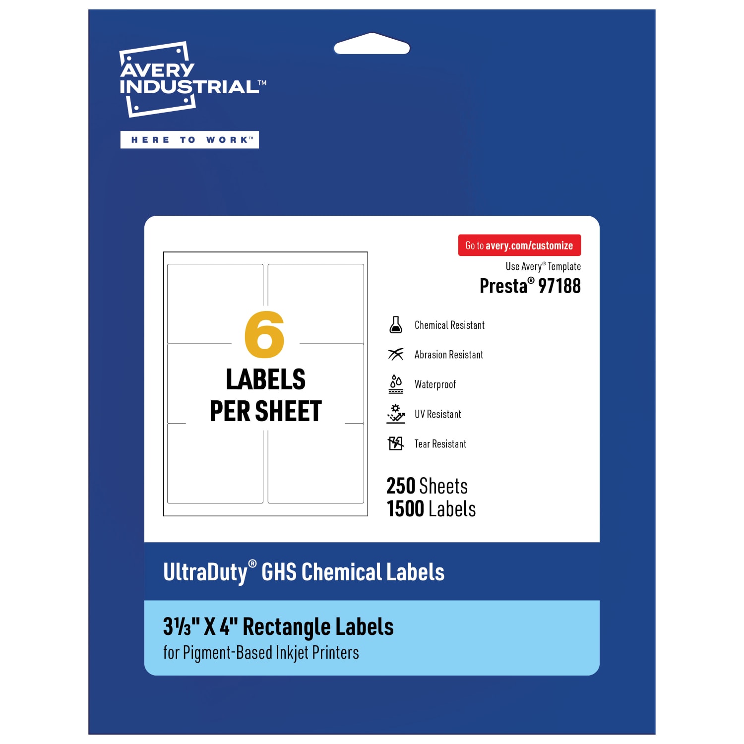 Avery Ultra Duty Permanent GHS Chemical Labels, 97188-WMUI250, Rectangle, 3-1/3in x 4in, White, Pack Of 1,500