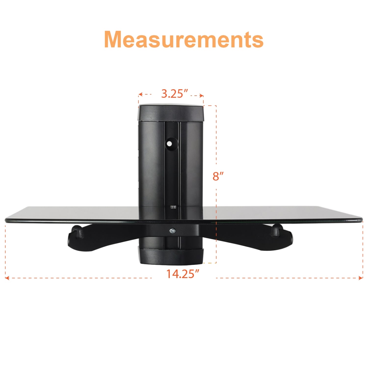 MegaMounts Tempered-Glass 1-Shelf Single-Stud Wall Mount, 16inH x 12inW x 10inD, Black - Image 4
