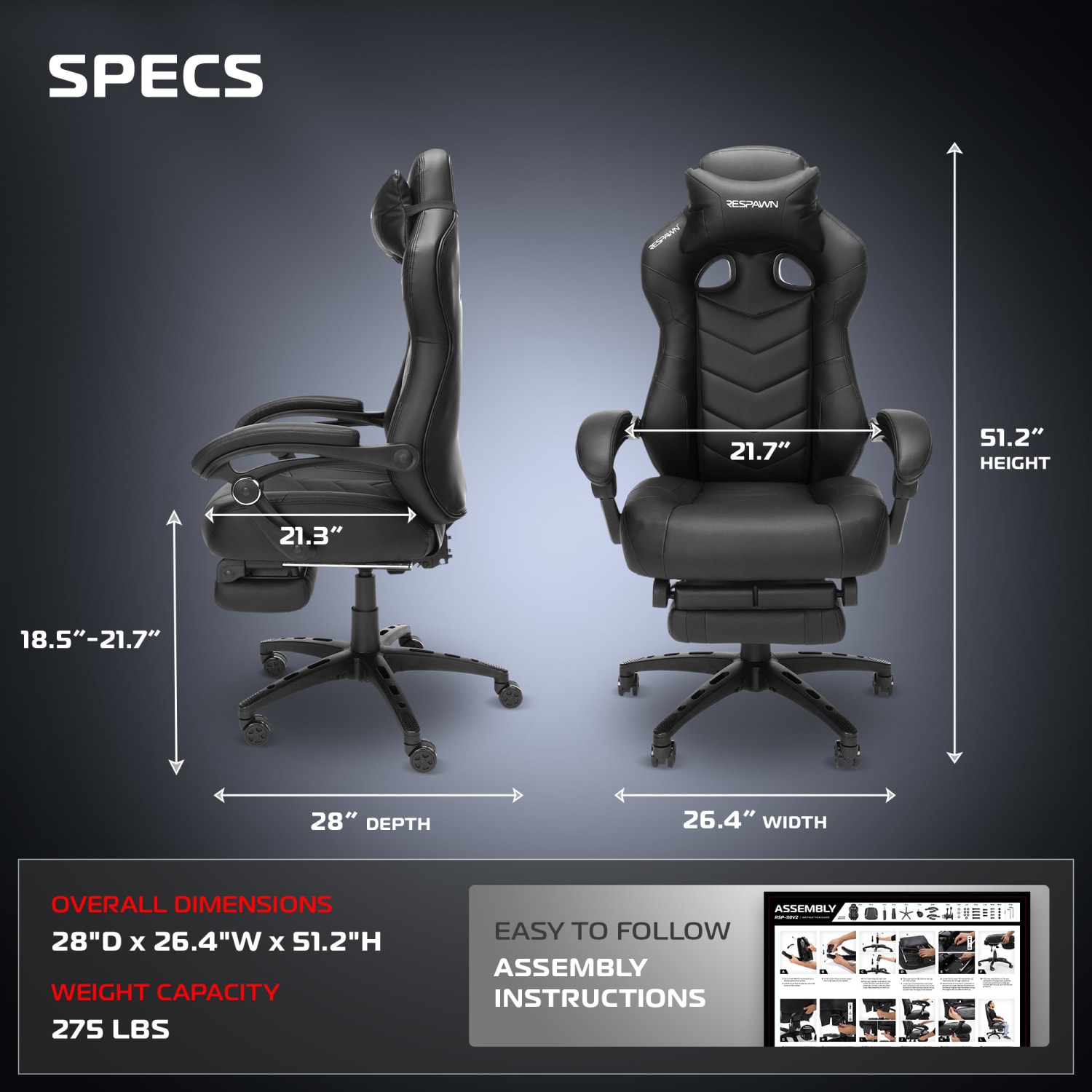 RESPAWN 110 Pro Gaming Chair, With Footrest & Headrest Pillow, Black, RSP110V2BLK - Image 3