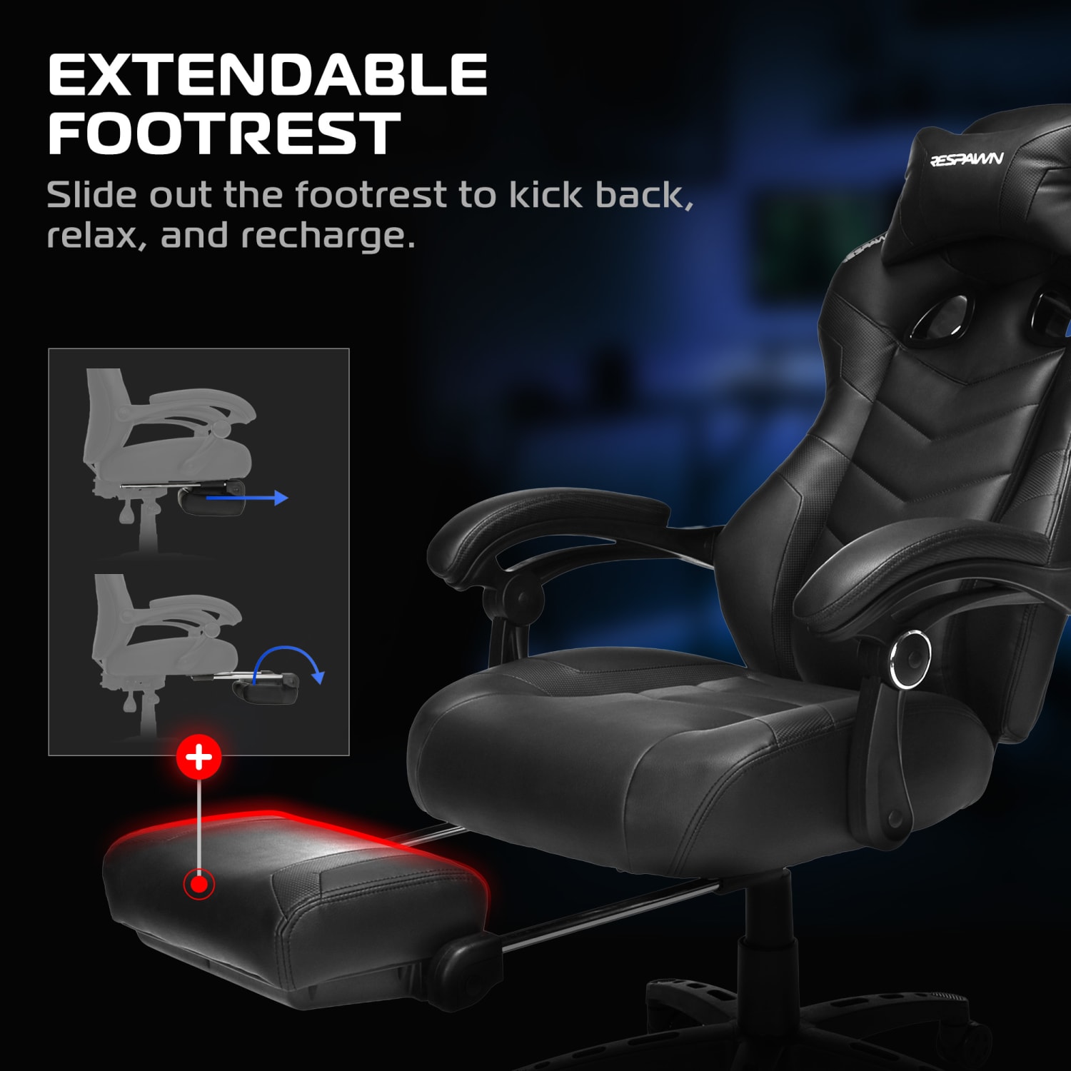 RESPAWN 110 Pro Gaming Chair With Footrest Headrest Pillow Black RSP110V2BLK PopularChairscom RESPAWN 110 Pro Gaming Chair With Footrest Headrest Pillow Black RSP110V2BLK PopularChairscom