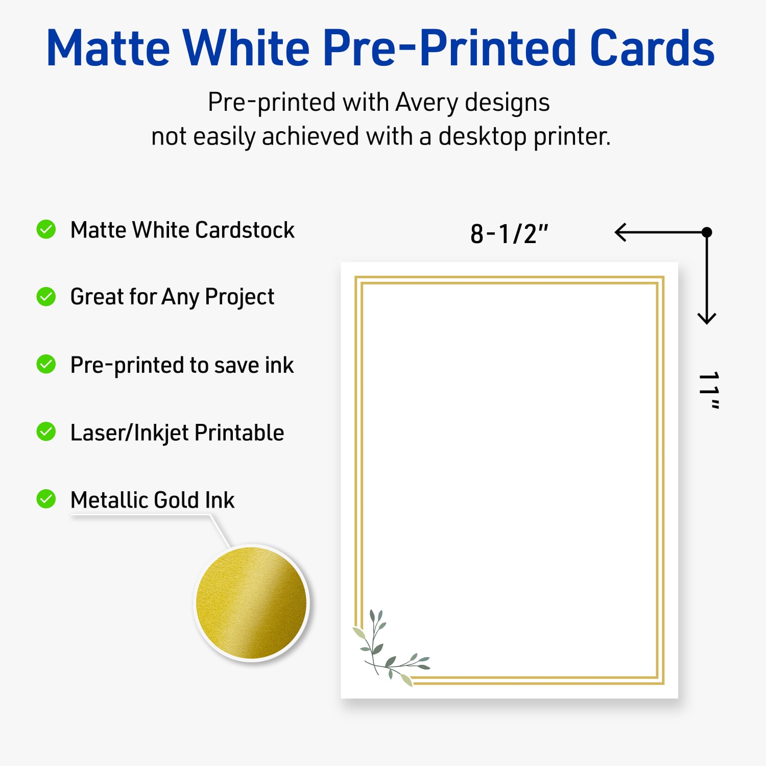 Avery Printable Cards, 8-1/2in x 11in, Matte White With Gold Double Border Floral Design, Pack Of 10 - Image 4