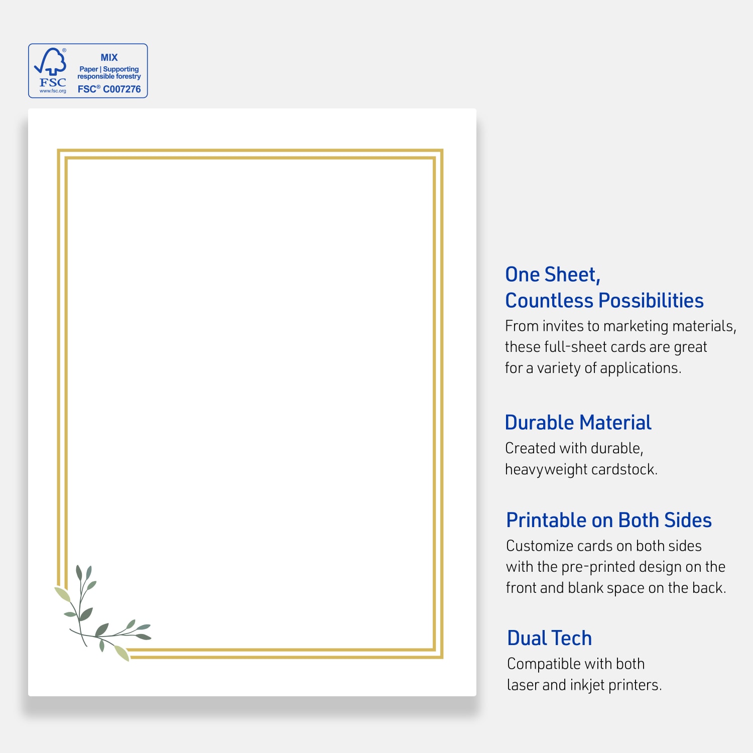 Avery Printable Cards, 8-1/2in x 11in, Matte White With Gold Double Border Floral Design, Pack Of 10 - Image 5