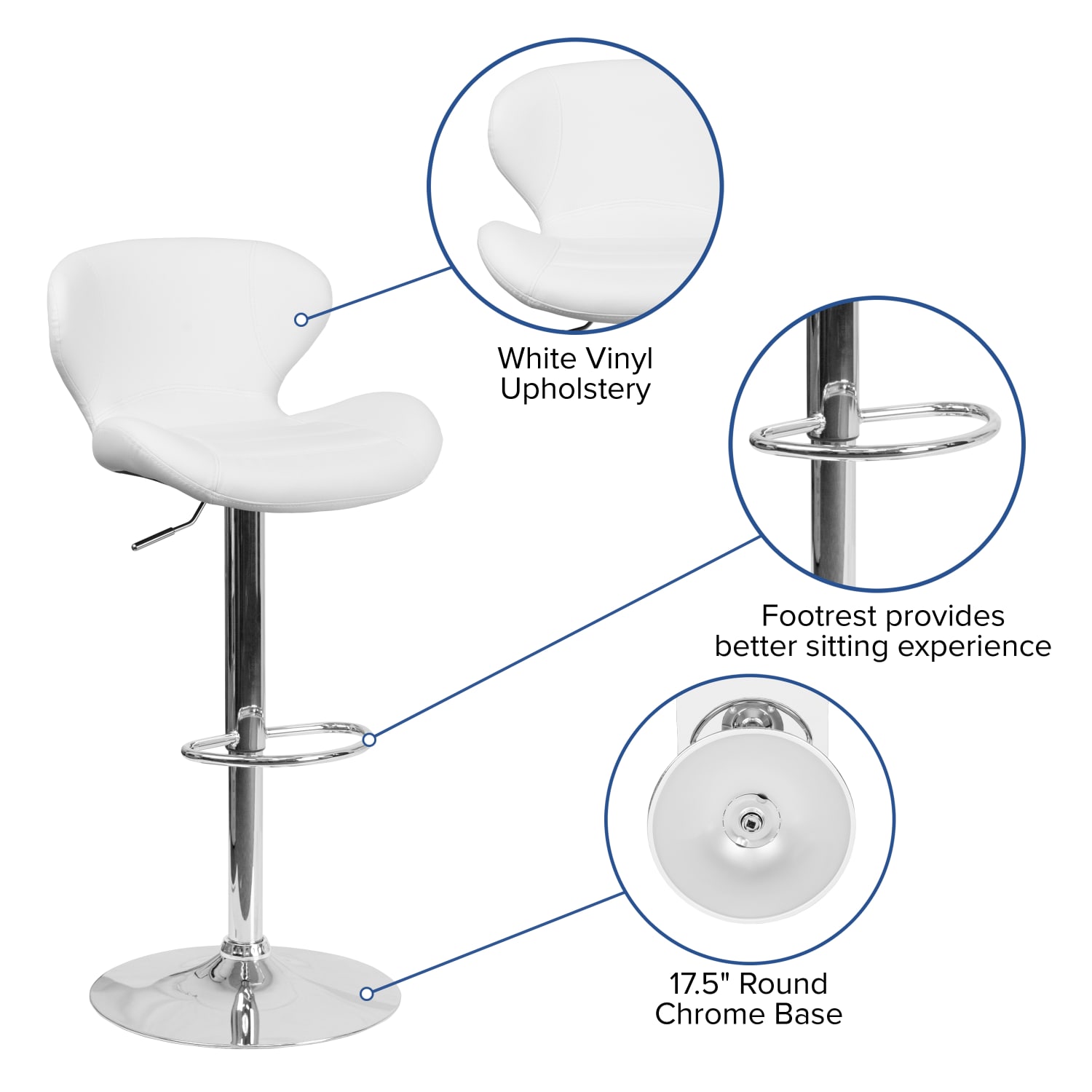 Flash Furniture Contemporary Adjustable Height Vinyl Barstool with Curved Back and Chrome Base, White Vinyl - Image 4