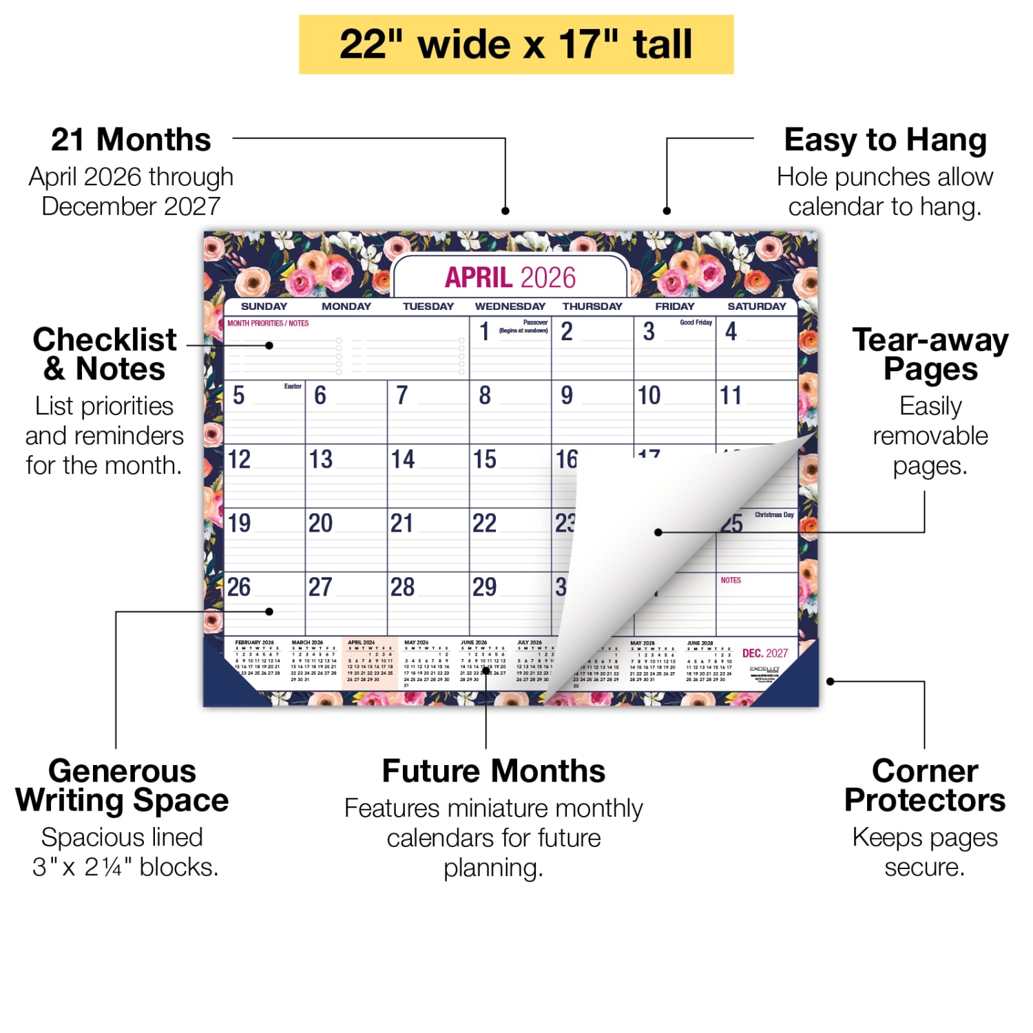 2026-2027 Excello Brands Academic Year Large Print Desk Pad Calendar, 22in x 17in, Navy Floral, April To December, Total Qty 1 - Image 3