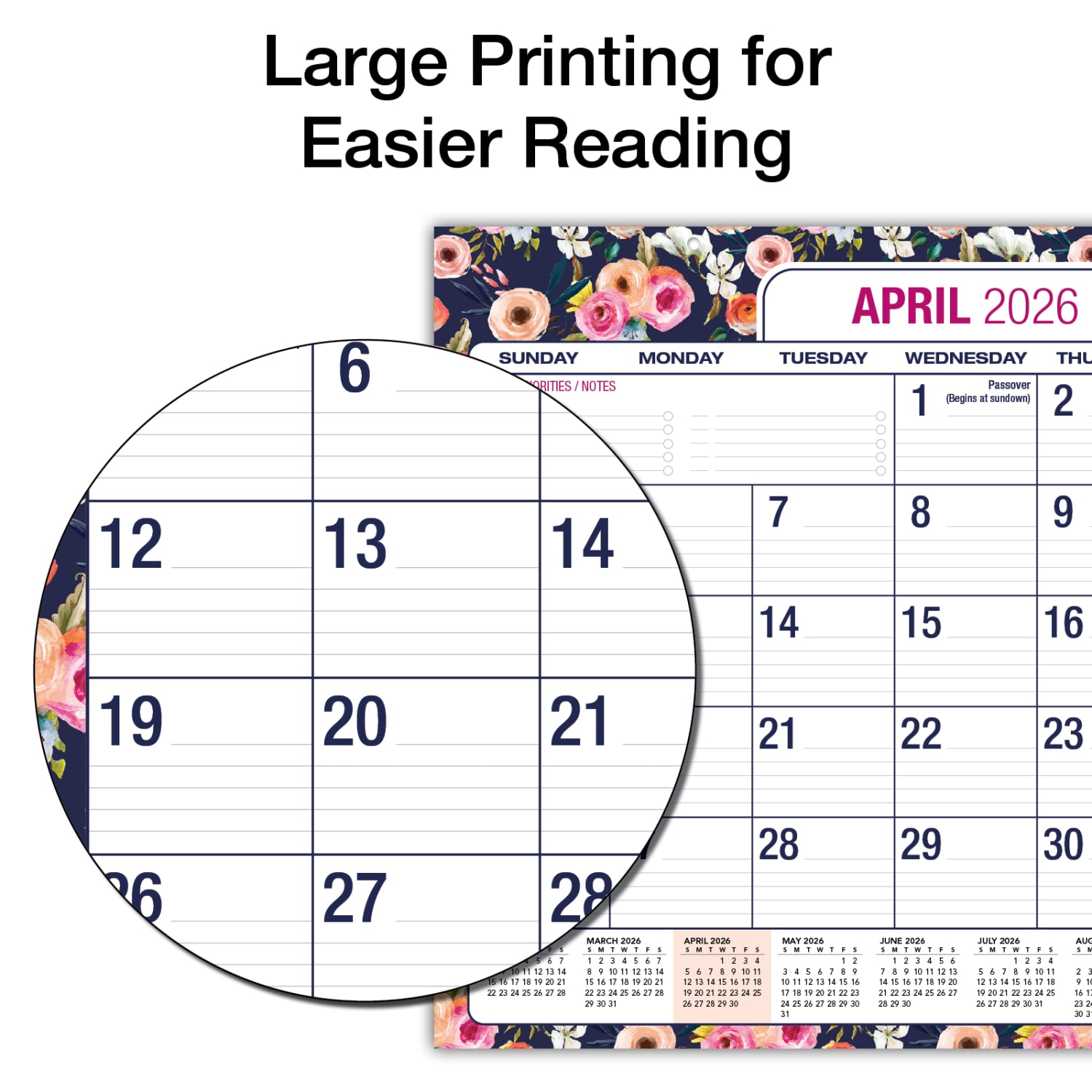 2026-2027 Excello Brands Academic Year Large Print Desk Pad Calendar, 22in x 17in, Navy Floral, April To December, Total Qty 1 - Image 4