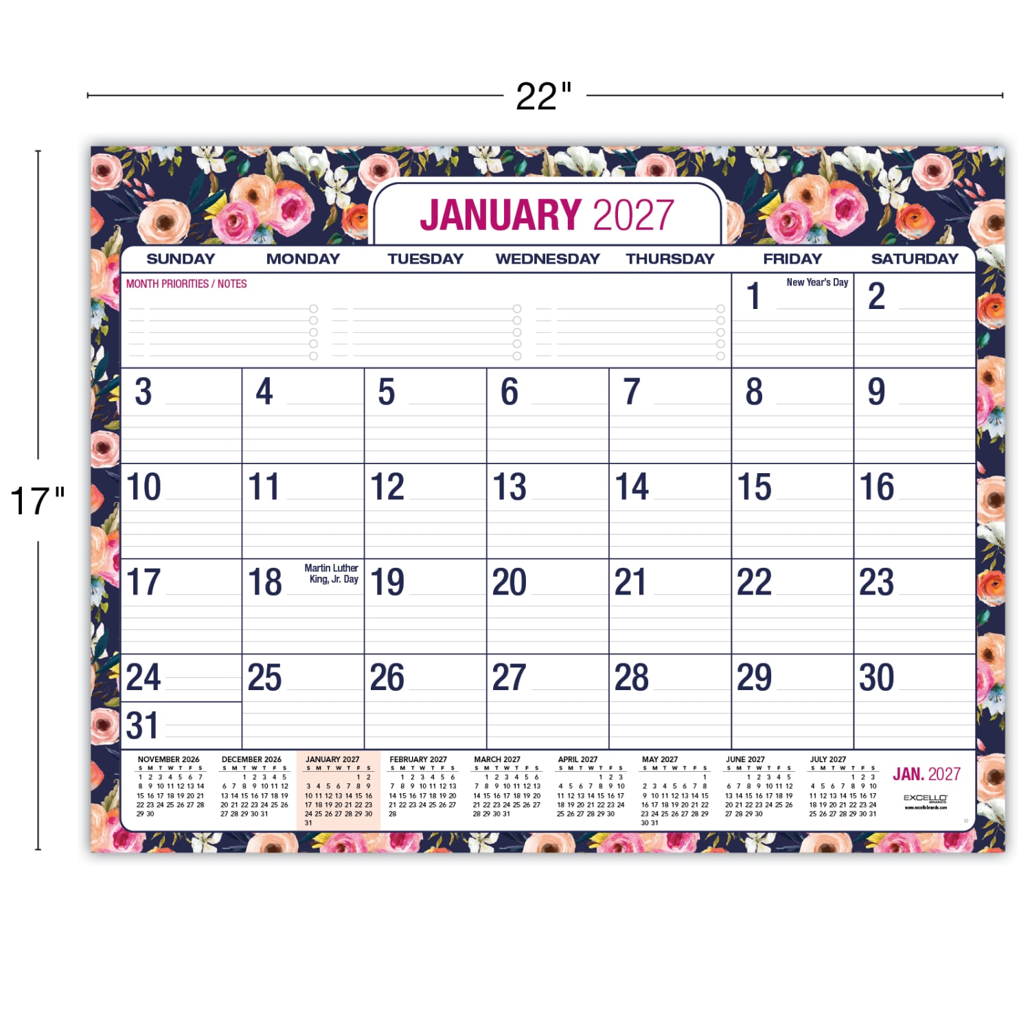 2026-2027 Excello Brands Academic Year Large Print Desk Pad Calendar, 22in x 17in, Navy Floral, April To December, Total Qty 1 - Image 5
