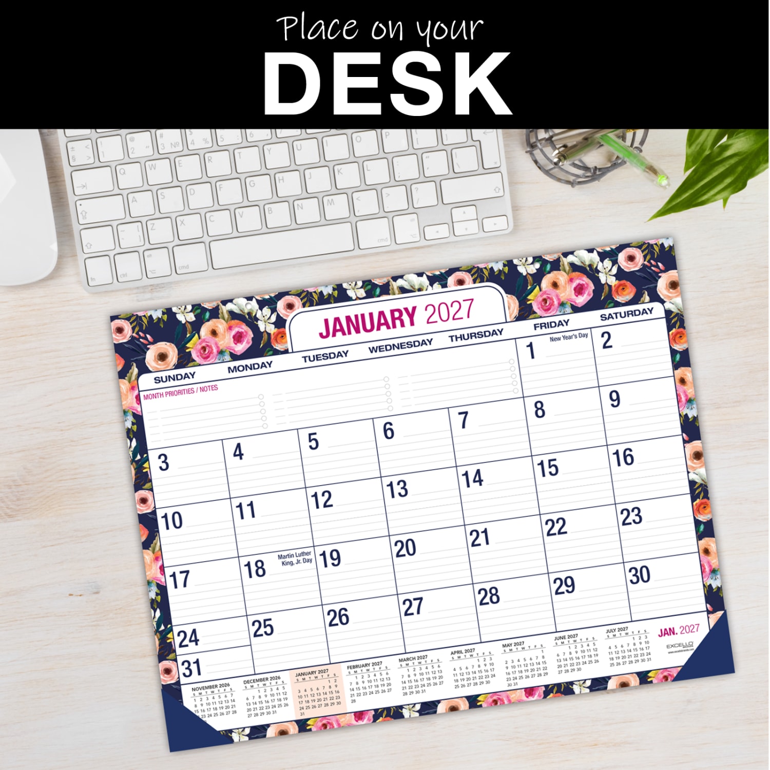 2026-2027 Excello Brands Academic Year Large Print Desk Pad Calendar, 22in x 17in, Navy Floral, April To December, Total Qty 1 - Image 6