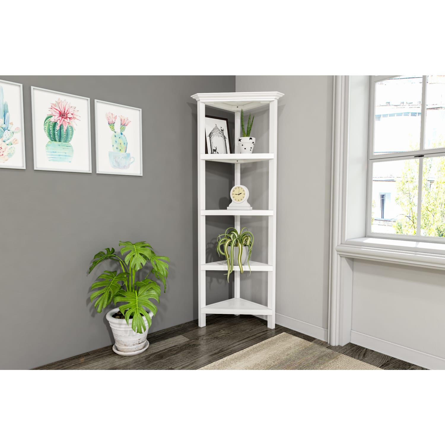 New Ridge Home Goods 60inH 5-Shelf Corner Bookcase, White - Image 3