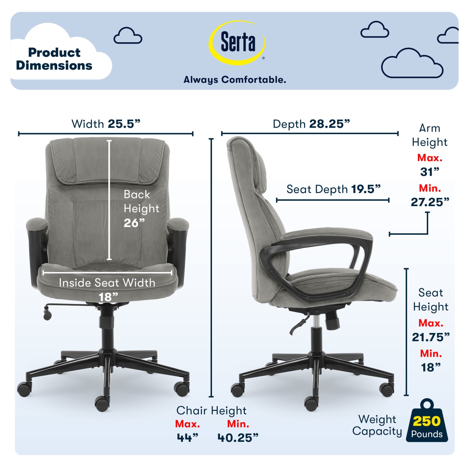 Serta Microfiber High-Back Chair, Velvet Gray/Black - Image 4