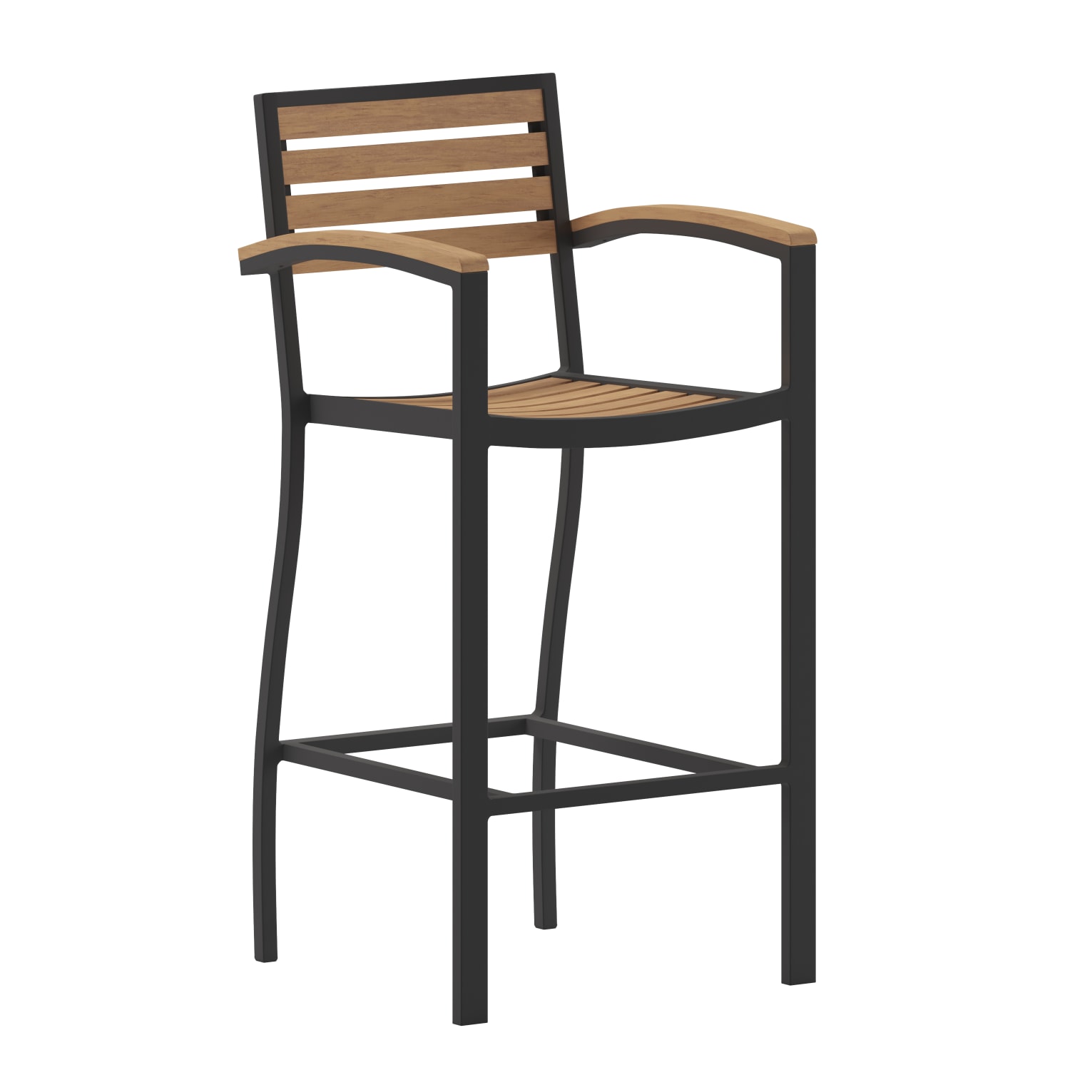 Flash Furniture Lark Commercial-Grade Bar-Height Stool With Back And Arms, Teak/Black - Image 3