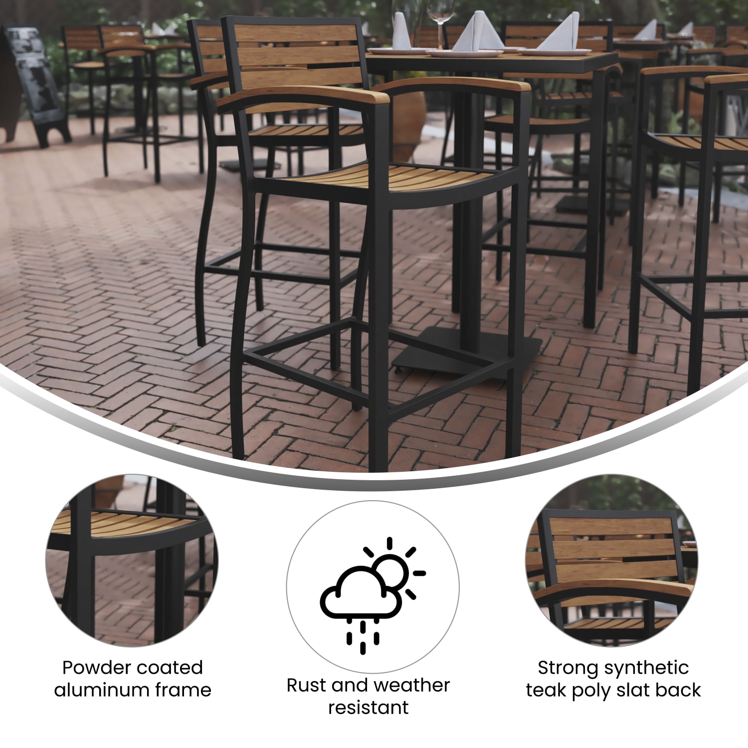 Flash Furniture Lark Commercial-Grade Bar-Height Stool With Back And Arms, Teak/Black - Image 5