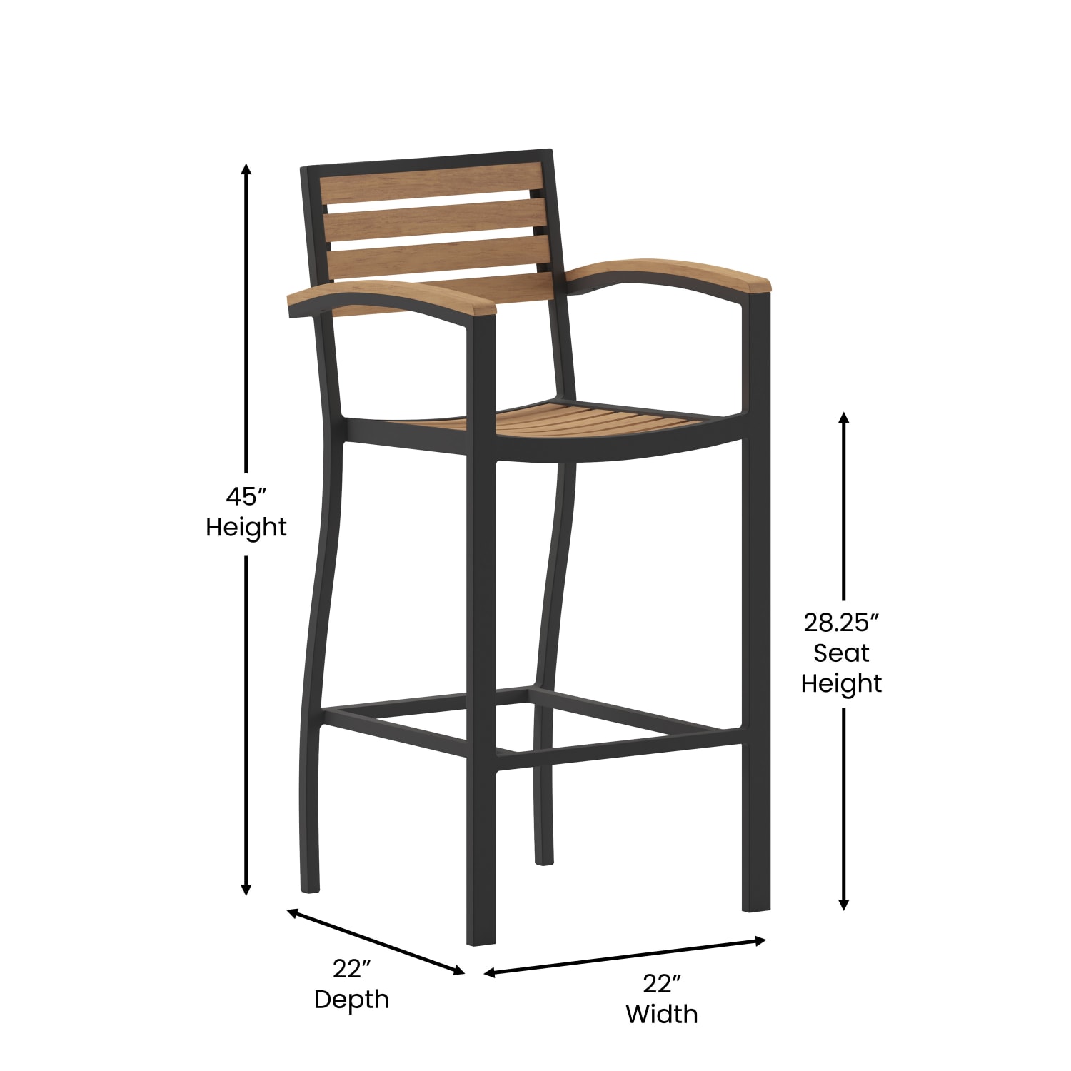 Flash Furniture Lark Commercial-Grade Bar-Height Stool With Back And Arms, Teak/Black - Image 6