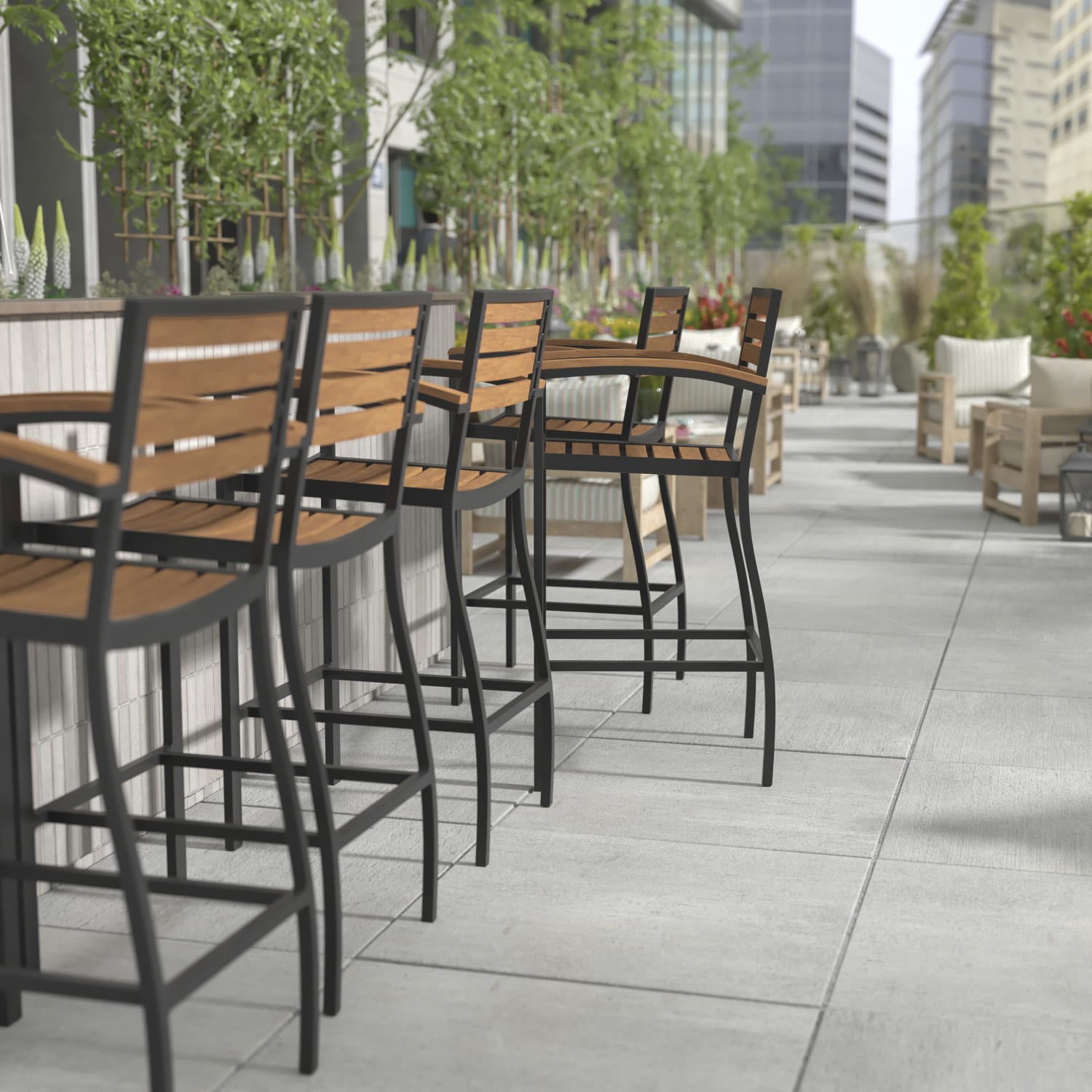 Flash Furniture Lark Commercial-Grade Bar-Height Stool With Back And Arms, Teak/Black - Image 7