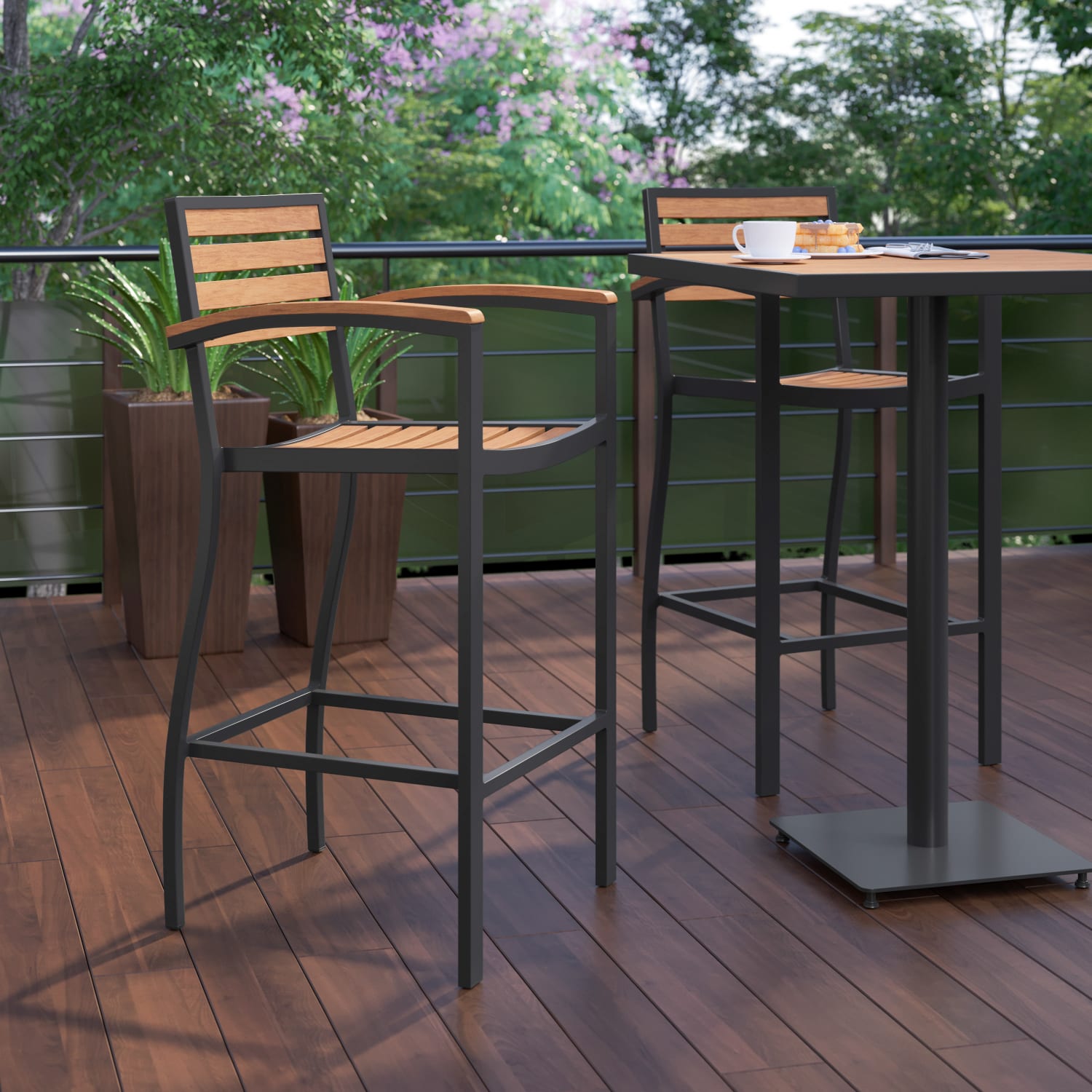Flash Furniture Lark Commercial-Grade Bar-Height Stool With Back And Arms, Teak/Black - Image 8