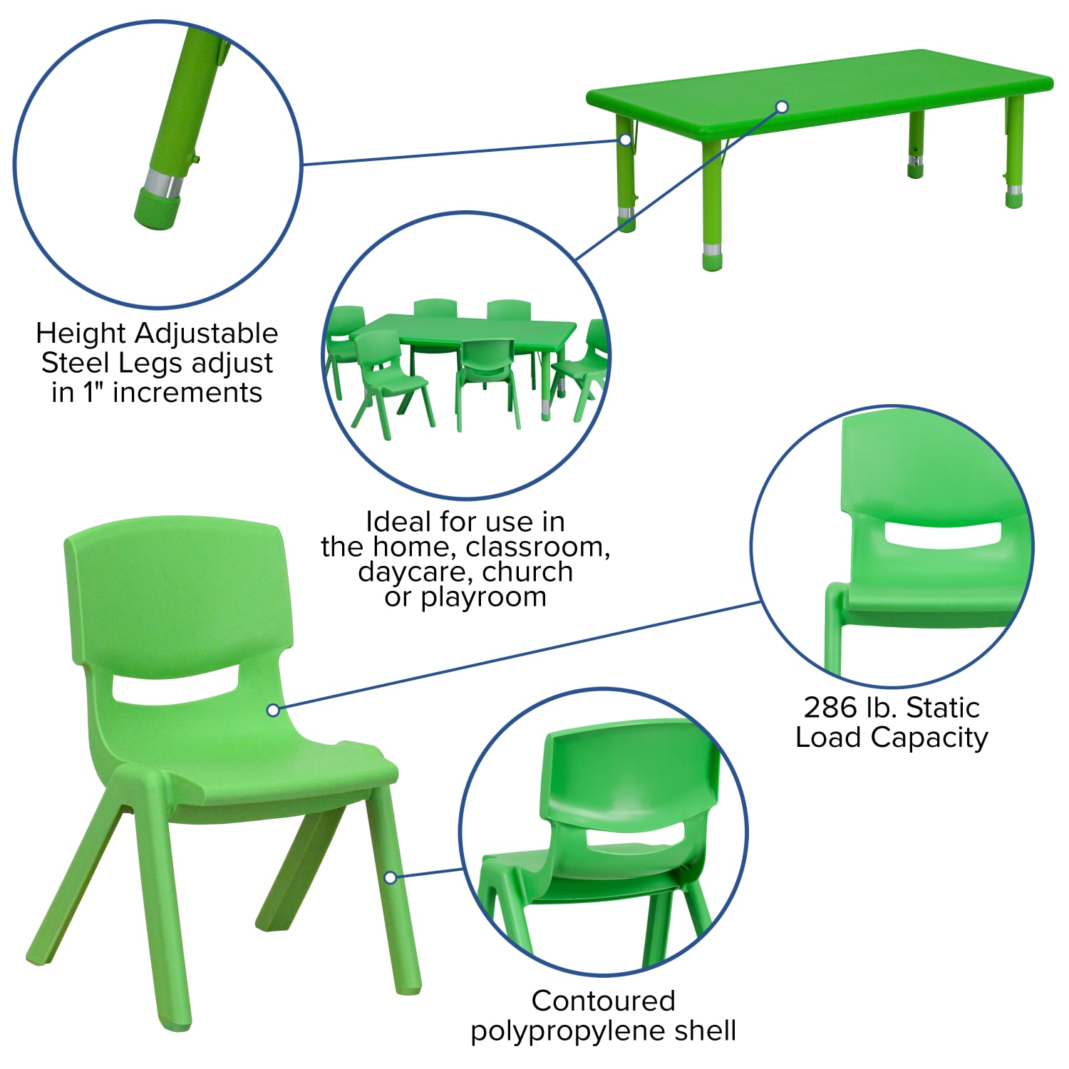 Flash Furniture Plastic Height-Adjustable Rectangular Activity Table with 6 Chairs, 23-1/2inH x 24ft"W x 48ft-d, Green - Image 6