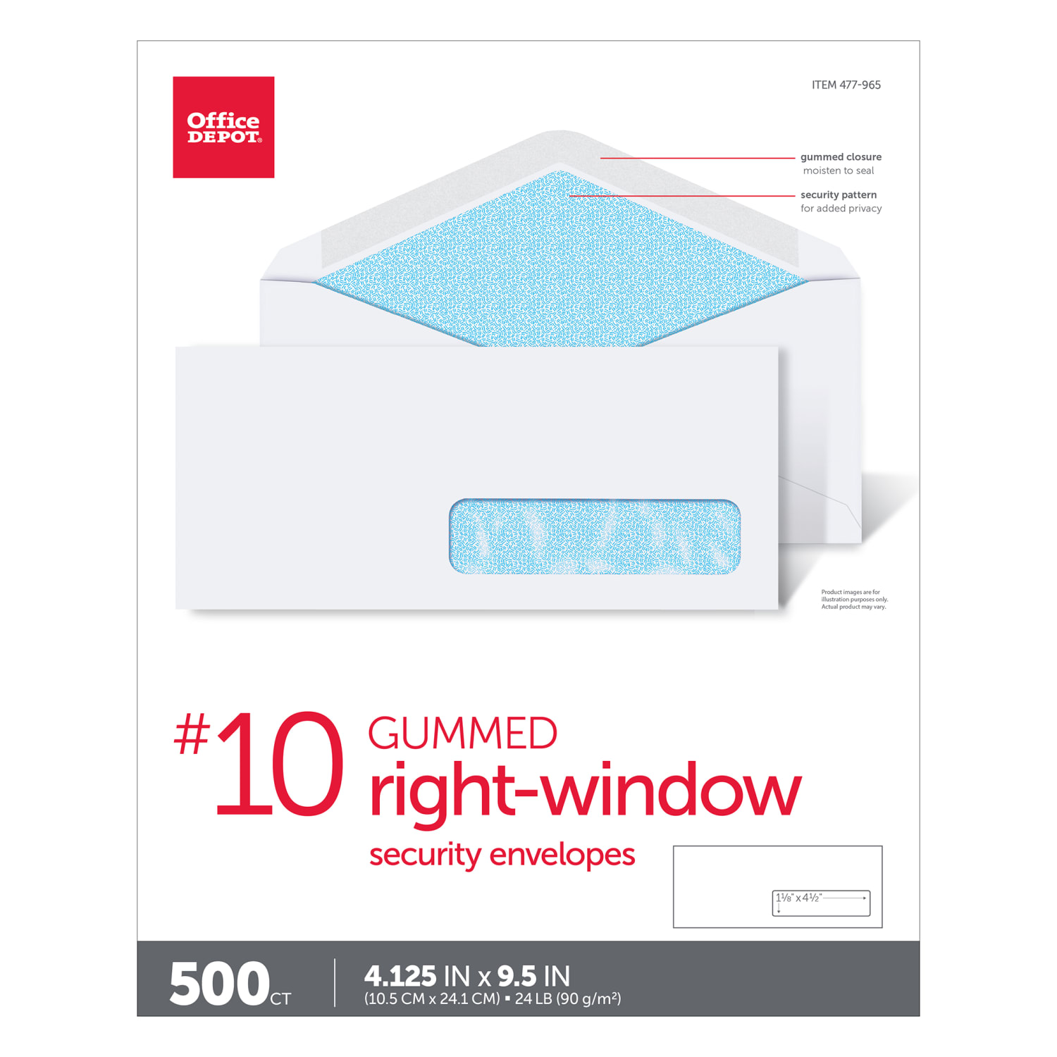 Office Depot Brand #10 Security Envelopes, Right Window, 4-1/8in x 9-1/2in, Gummed Seal, White, Box Of 500 - Image 5