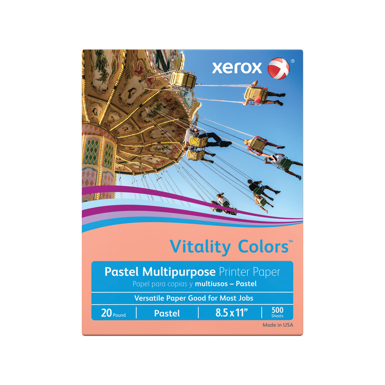 Xerox Vitality Colors Multi-Use Printer & Copy Paper, 1 Ream, Salmon, Letter (8.5in x 11in), 500 Sheets Per Ream, 20 Lb, 30% Recycled