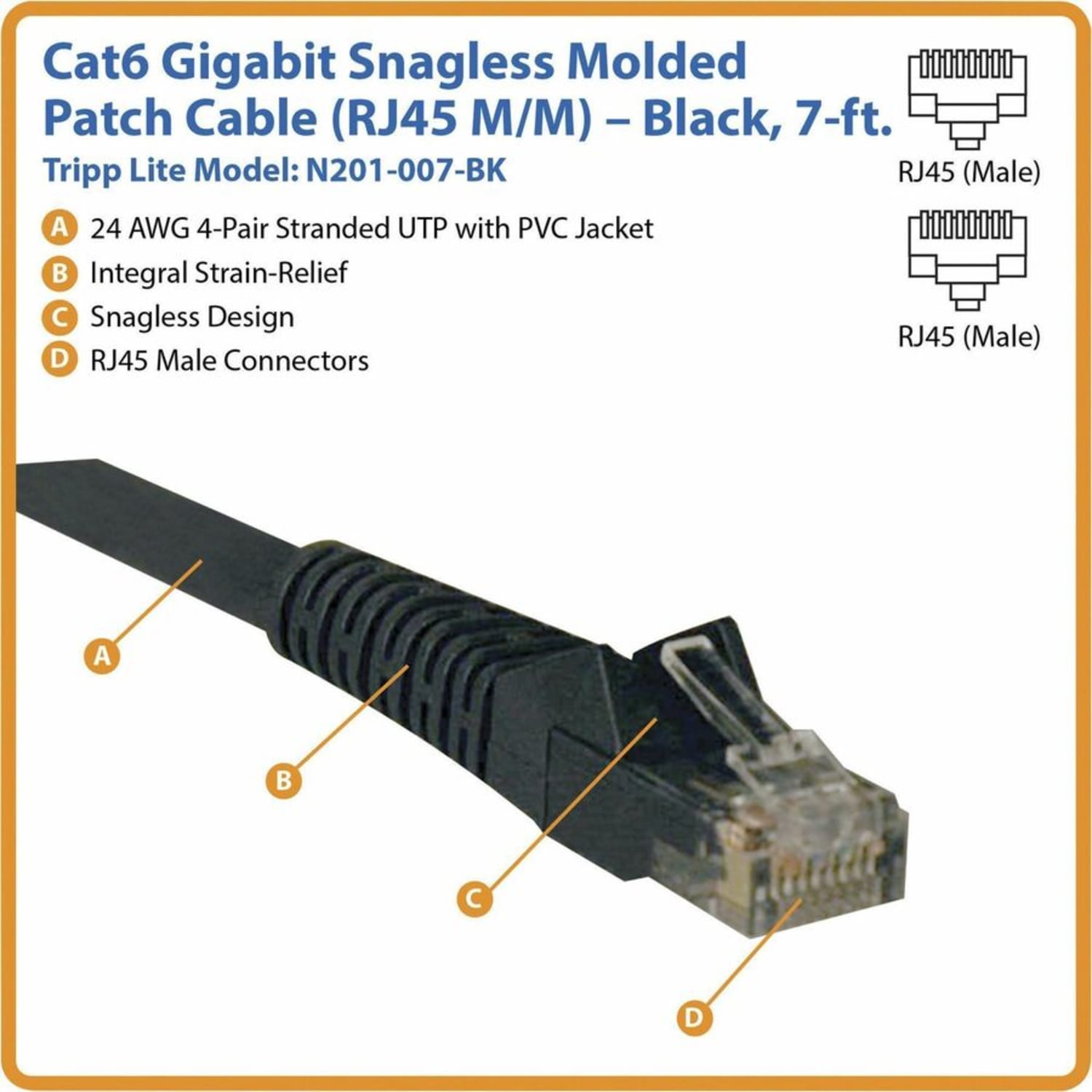 Eaton Tripp Lite Series Cat6 Gigabit Snagless Molded (UTP) Ethernet Cable (RJ45 M/M), PoE, Black, 7 ft. (2.13 m) - N201007BK - Image 3