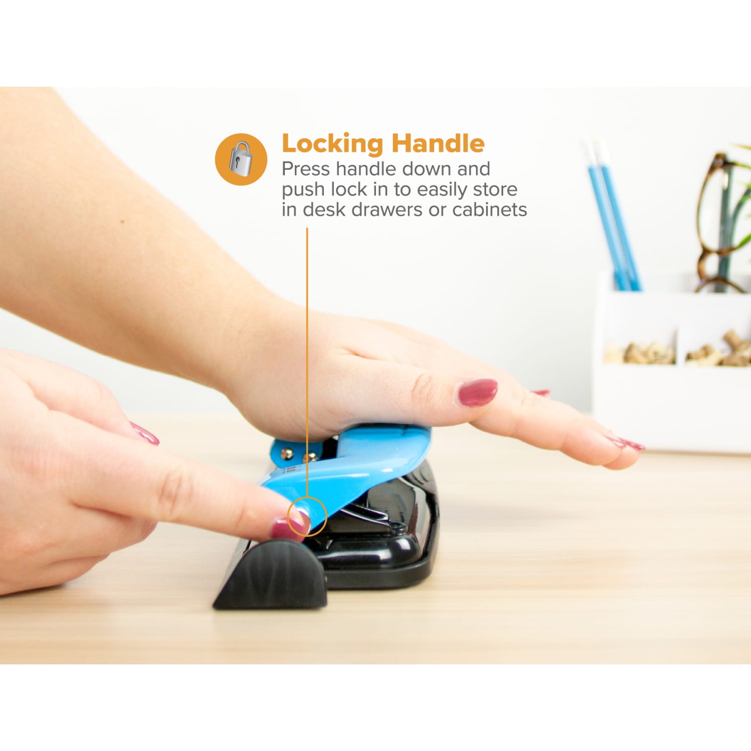 Bostitch EZ Squeeze Three-Hole Punch, 12 Sheet Capacity, Blue - Image 6