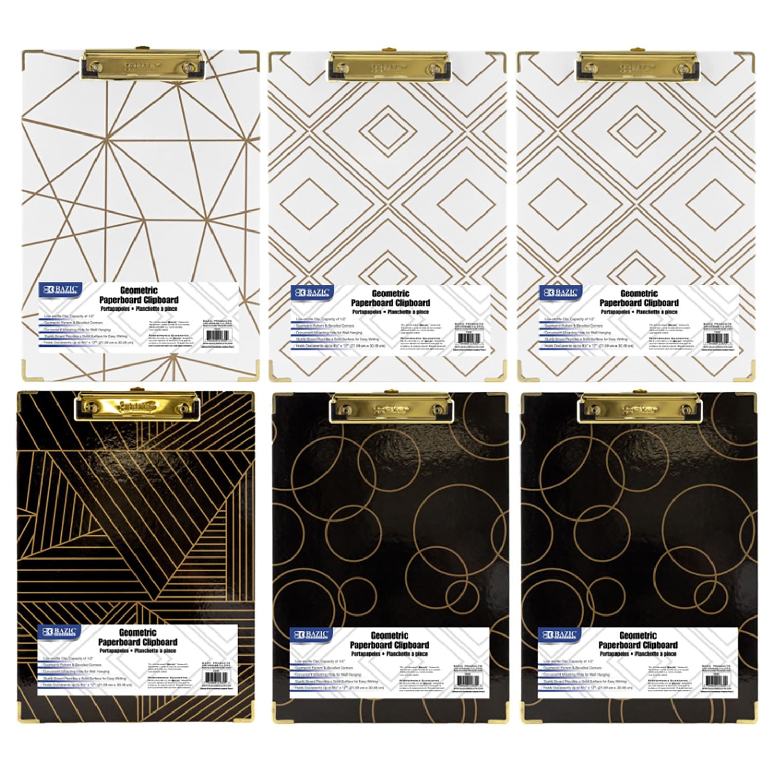 BAZIC Products Paperboard Clipboard With Low Profile Clip, 12.9in x 9in, Assorted Geometric Designs, Pack Of 6