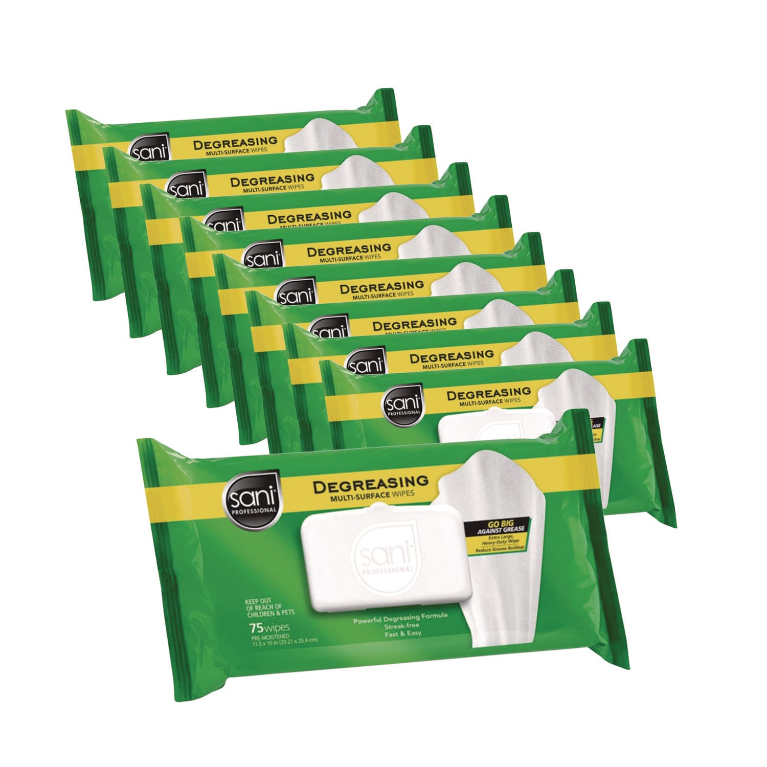 Sani Professional Degreasing Multi-Surface Wipes, 1-Ply, 11.5 x 10, 75, Floral Scent, White, Wipes/Pack, 9 Packs/Carton