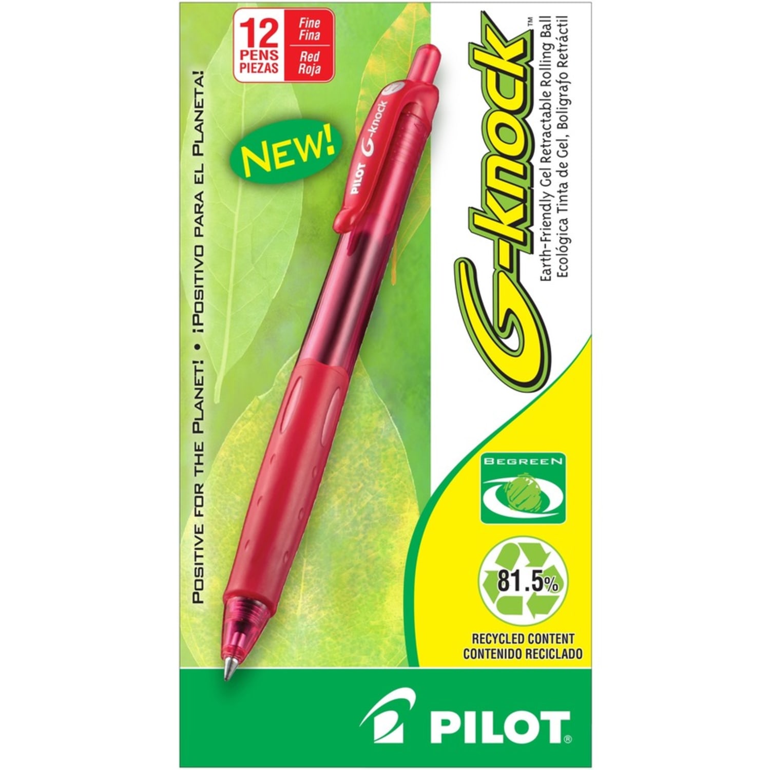Pilot G-Knock BeGreen Gel Rollerball Pen, Fine Point, 0.7 mm, Red Barrel, Red Ink, Pack Of 12 - Image 4