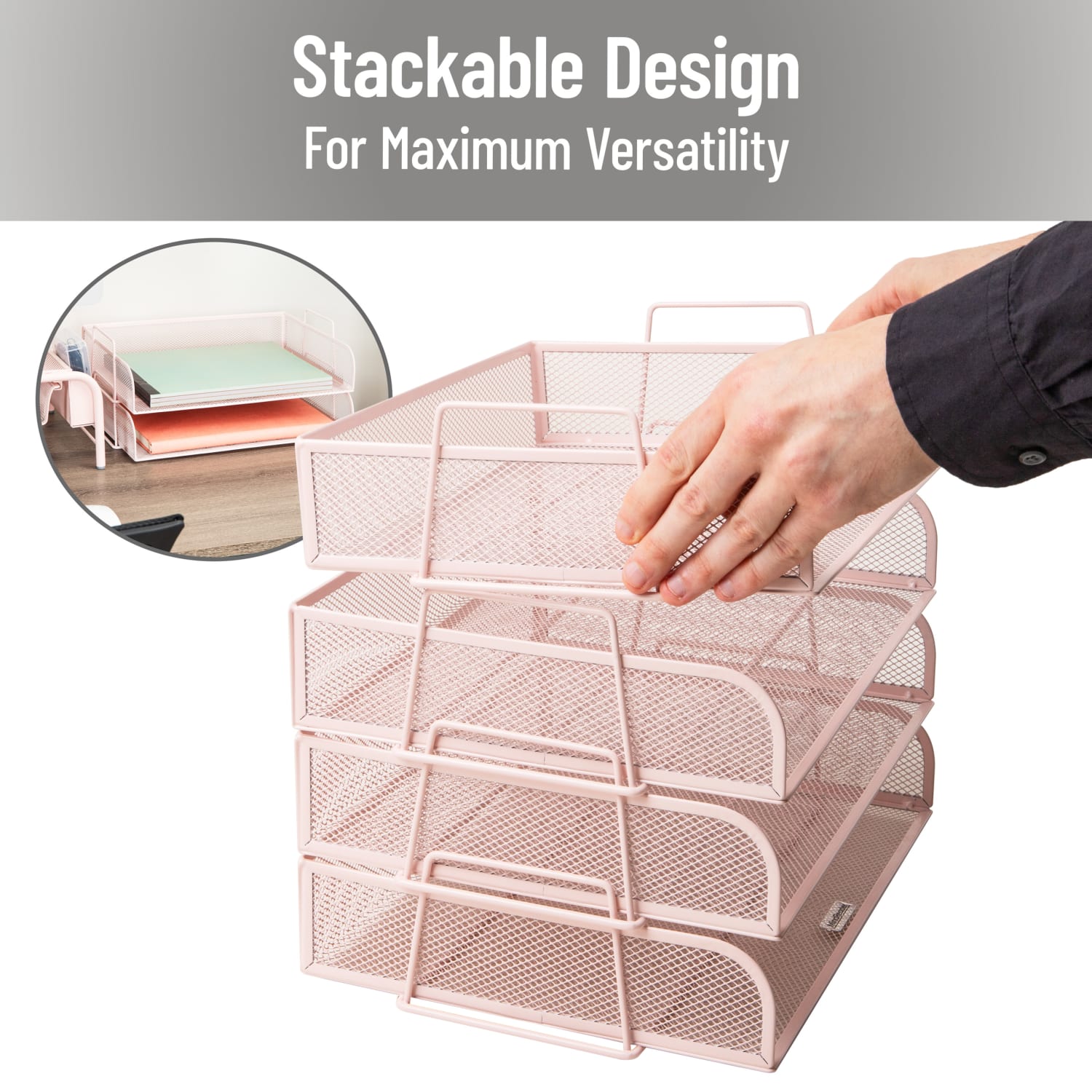 Mind Reader 4-Piece Stackable Paper Tray Desktop Organizer, 11-1/2inH x 9-3/4inW x 13-1/4inD, Pink - Image 4