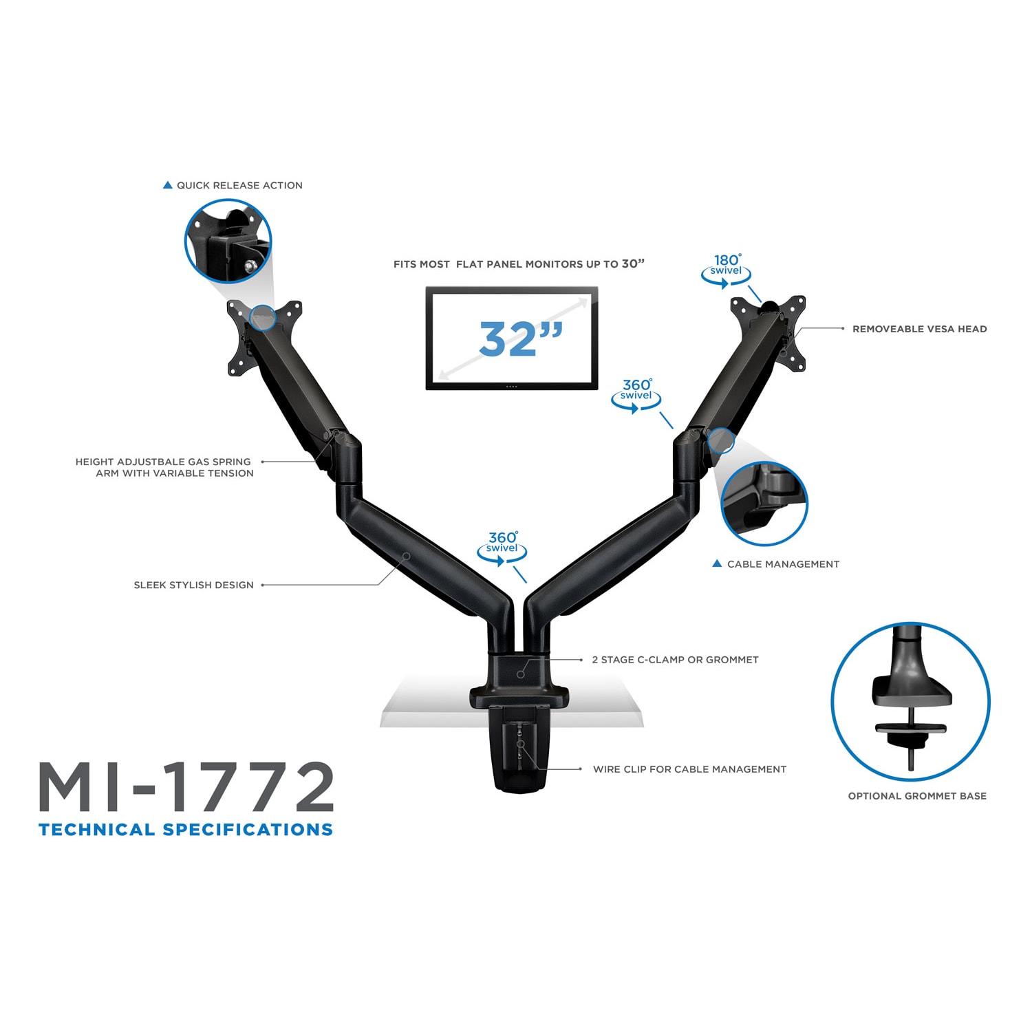 Mount-It! MI-1772B Dual-Monitor Arm Mount, 18inH x 22inW x 5inD, Black - Image 3