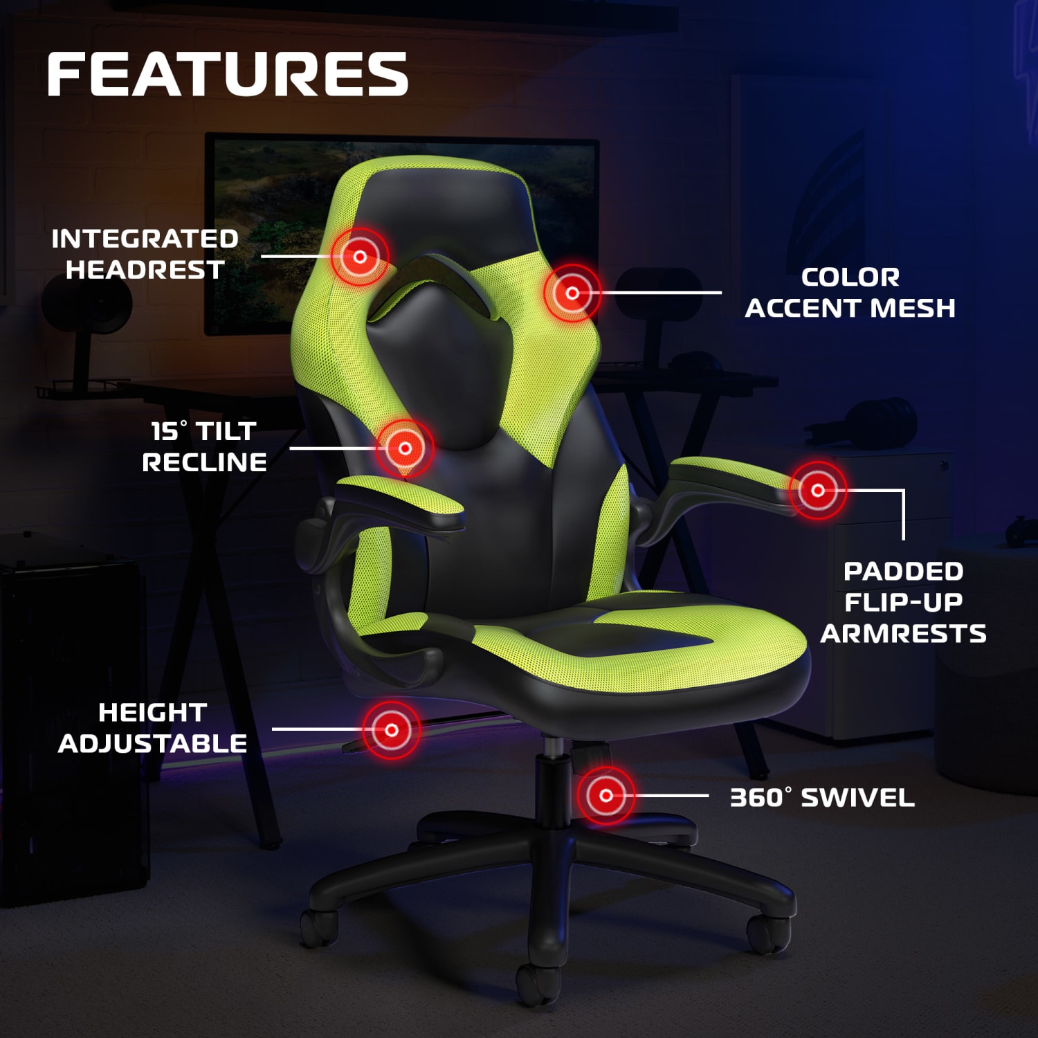 RESPAWN 3085 Gaming Chair, With Integrated Headrest, Green, RSP3085GRN - Image 7
