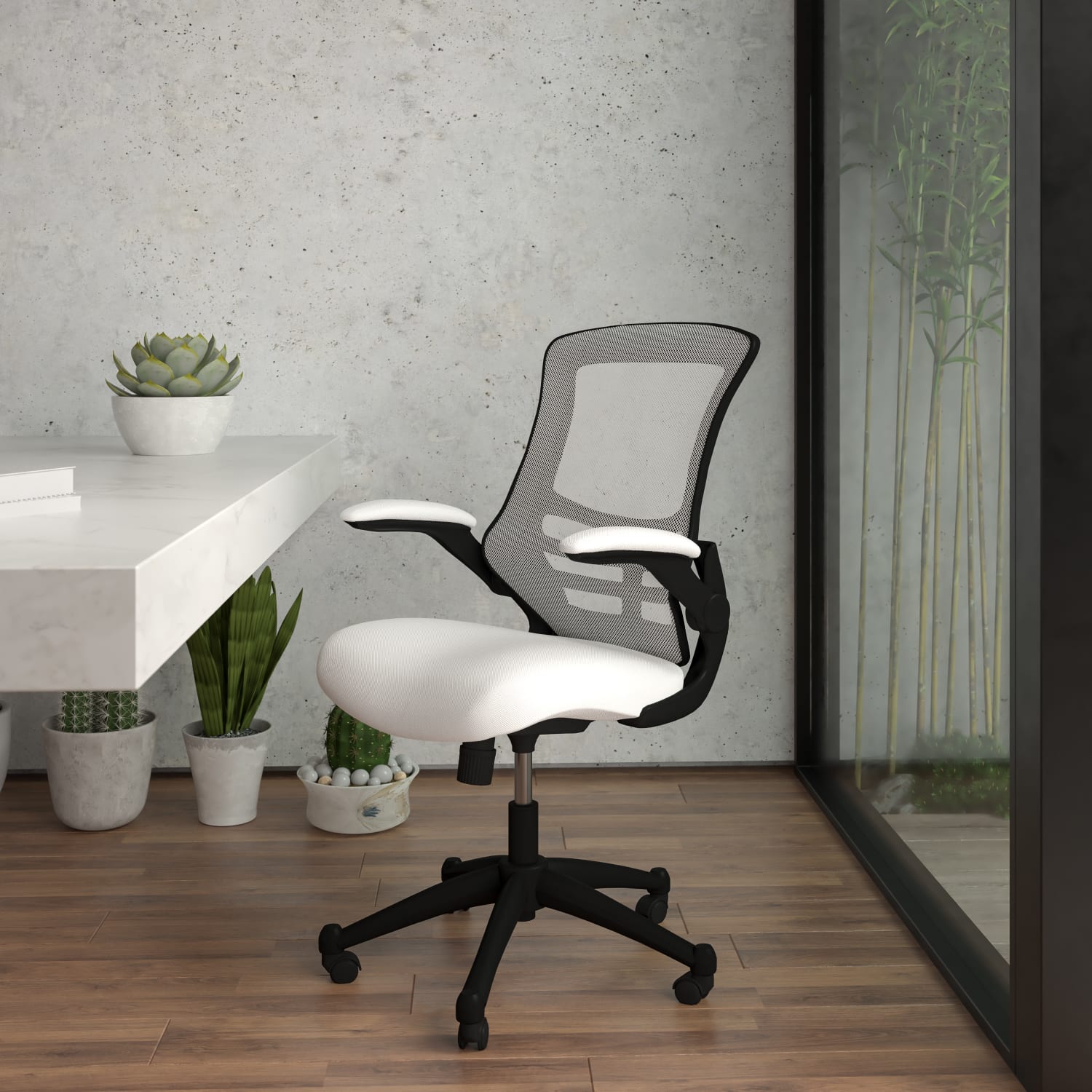 Flash Furniture Mesh Mid Back Swivel Task Chair With Flip Up Arms WhiteBlack PopularChairscom